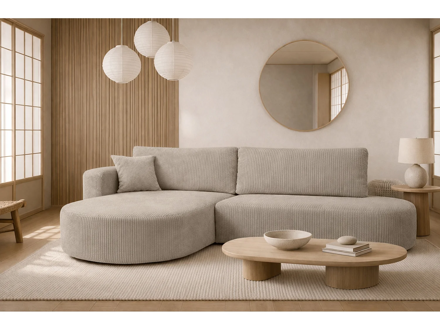 Ecksofa mit Schlaffunktion und Bettkasten, Cordstoff Poso, Dunkelbeige, Links, ROUND ONE OPEN XL