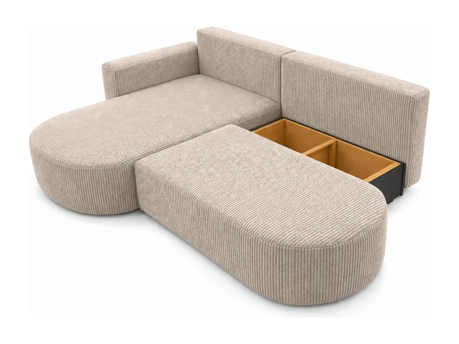 Ecksofa mit Schlaffunktion und Bettkasten, Cordstoff Poso, Dunkelbeige, Links, ROUND ONE OPEN XL