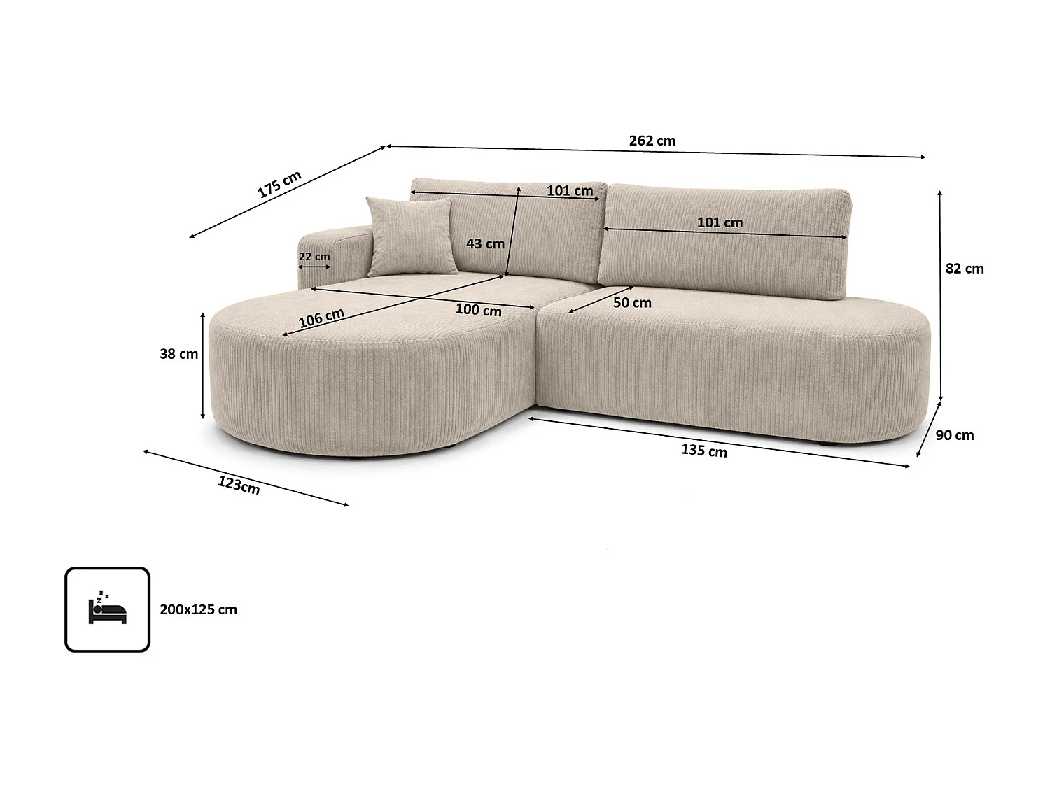 Ecksofa mit Schlaffunktion und Bettkasten, Cordstoff Poso, Dunkelbeige, Links, ROUND ONE OPEN XL