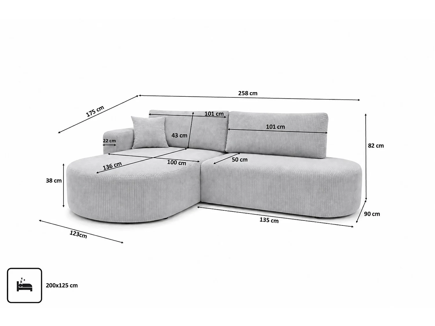 Canapé d'angle gauche convertible 4 places avec coffre en tissu côtelé gris clair ONE
