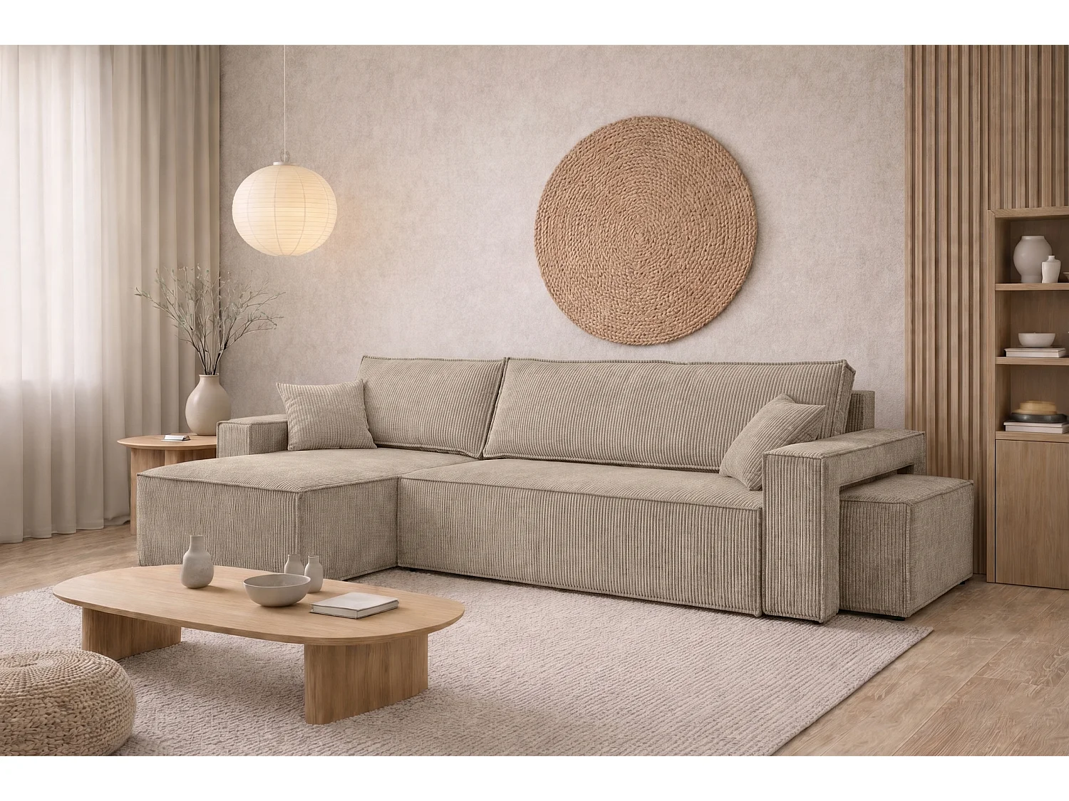 Canapé d’angle avec fonction couchage et pouf, tissu en velours côtelé Poso, Beige foncé, Gauche, BEST L avec pouf