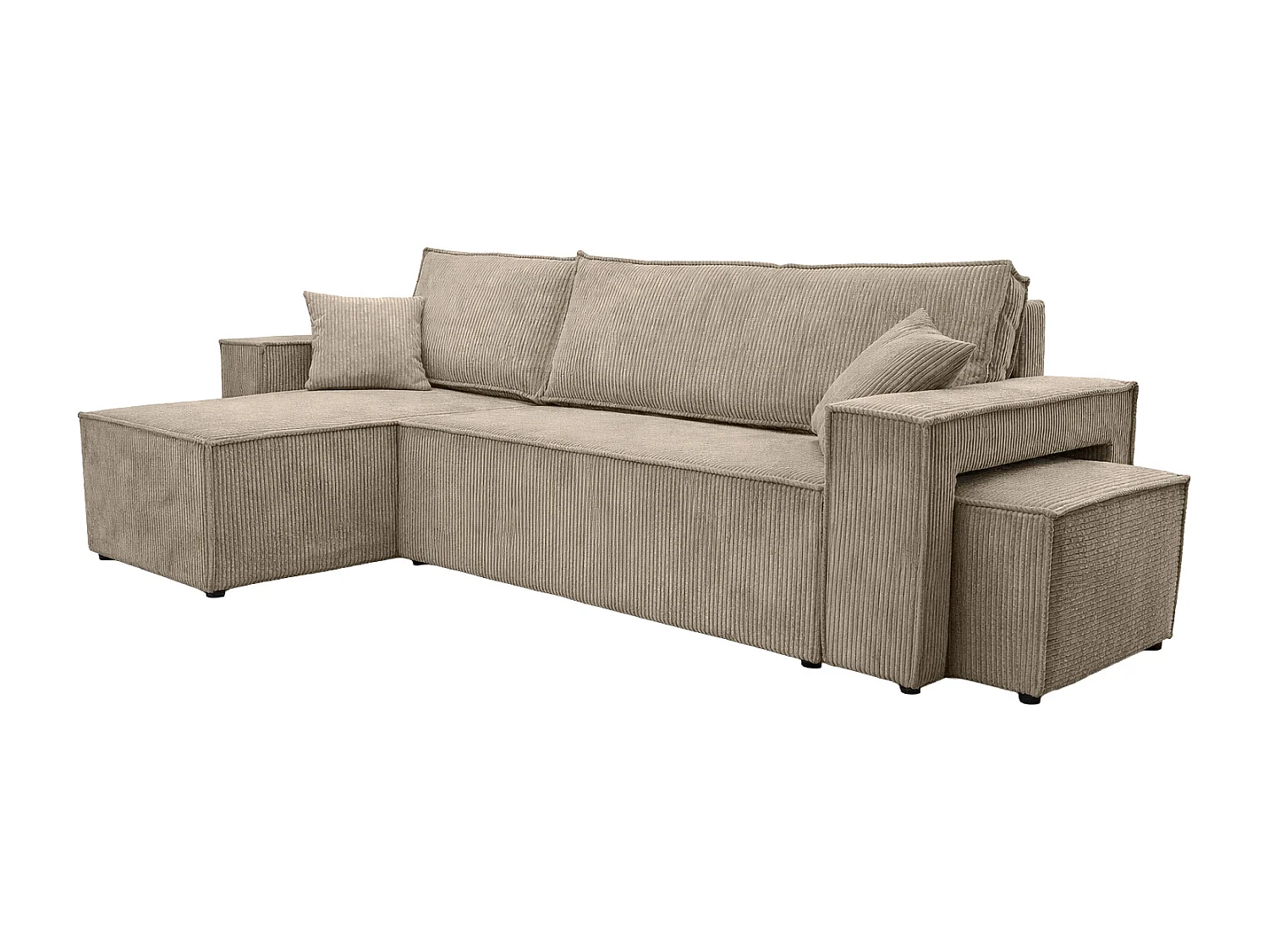 Canapé d’angle avec fonction couchage et pouf, tissu en velours côtelé Poso, Beige foncé, Gauche, BEST L avec pouf
