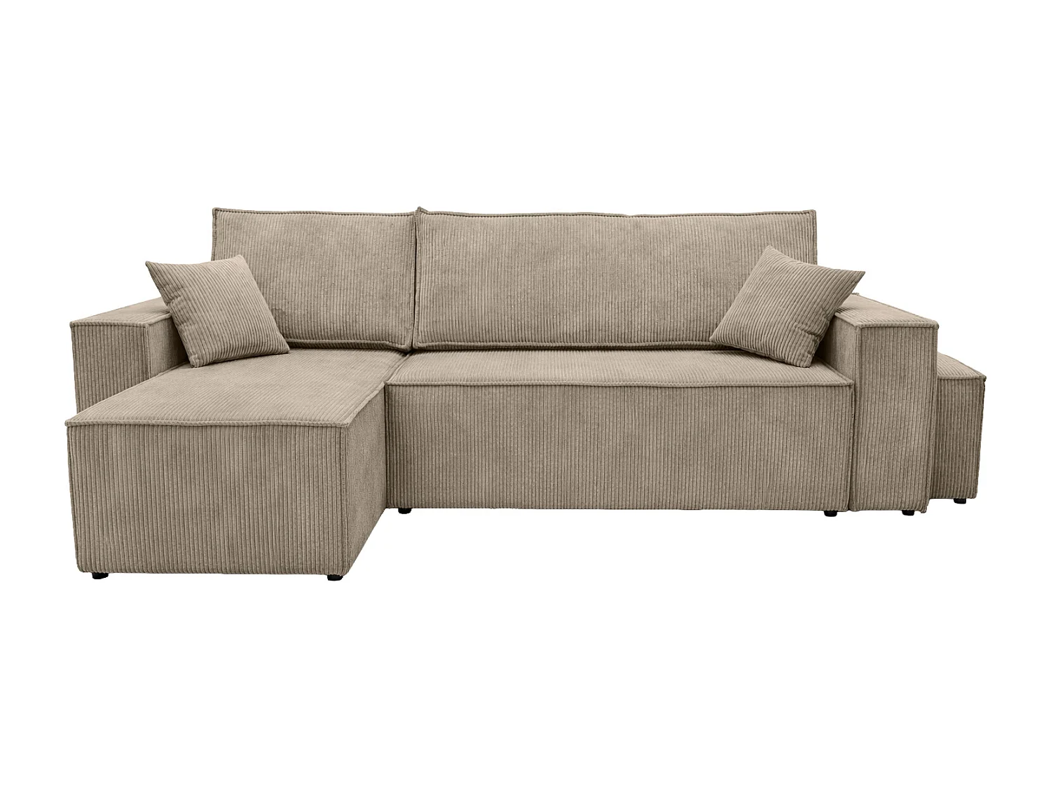 Canapé d’angle avec fonction couchage et pouf, tissu en velours côtelé Poso, Beige foncé, Gauche, BEST L avec pouf