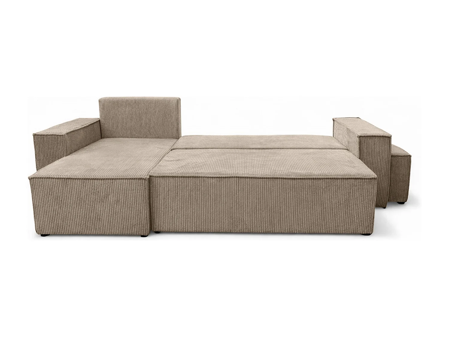 Canapé d’angle avec fonction couchage et pouf, tissu en velours côtelé Poso, Beige foncé, Gauche, BEST L avec pouf