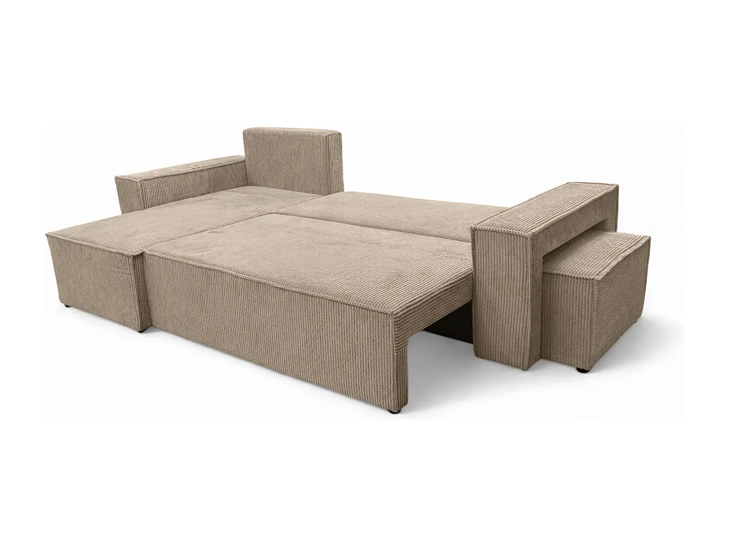 Canapé d’angle avec fonction couchage et pouf, tissu en velours côtelé Poso, Beige foncé, Gauche, BEST L avec pouf