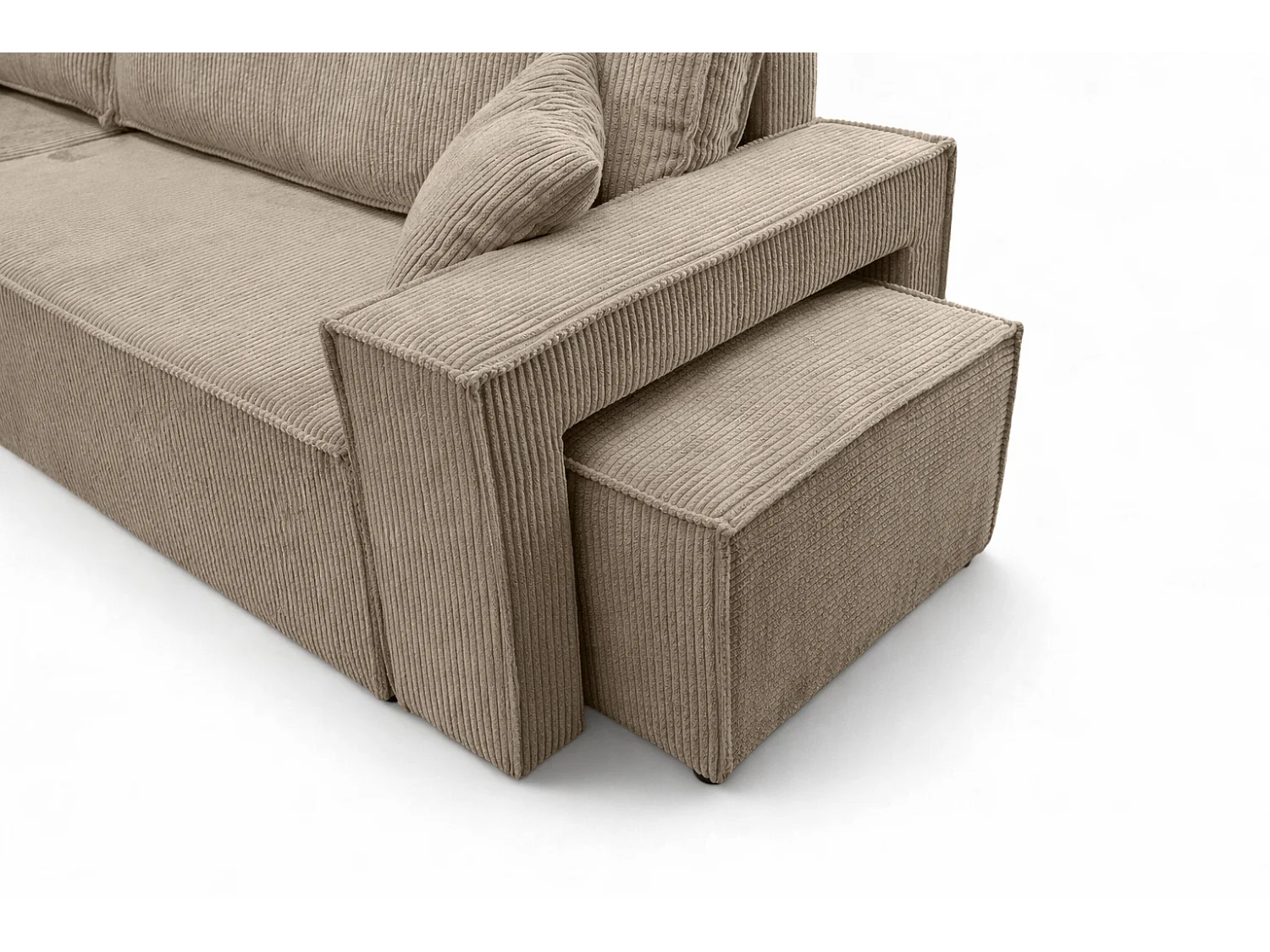 Canapé d’angle avec fonction couchage et pouf, tissu en velours côtelé Poso, Beige foncé, Gauche, BEST L avec pouf