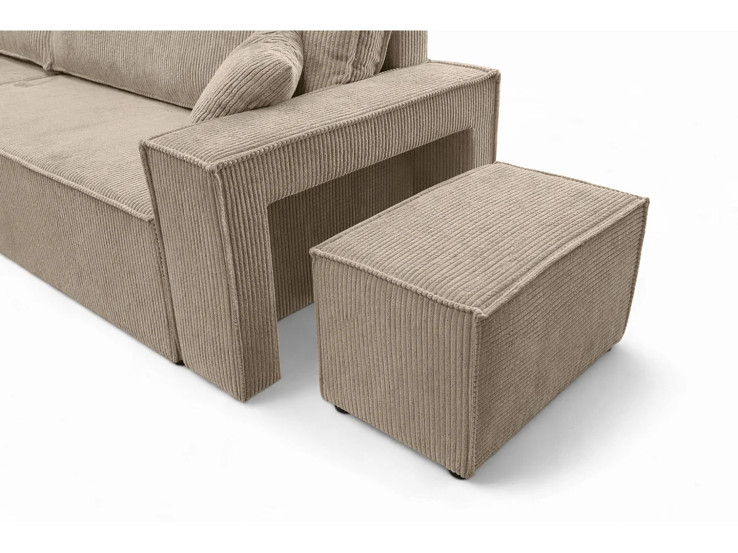 Canapé d’angle avec fonction couchage et pouf, tissu en velours côtelé Poso, Beige foncé, Gauche, BEST L avec pouf