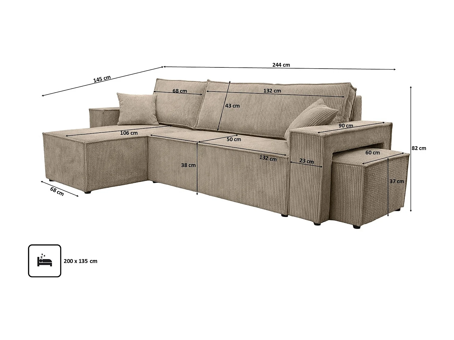 Canapé d’angle avec fonction couchage et pouf, tissu en velours côtelé Poso, Beige foncé, Gauche, BEST L avec pouf