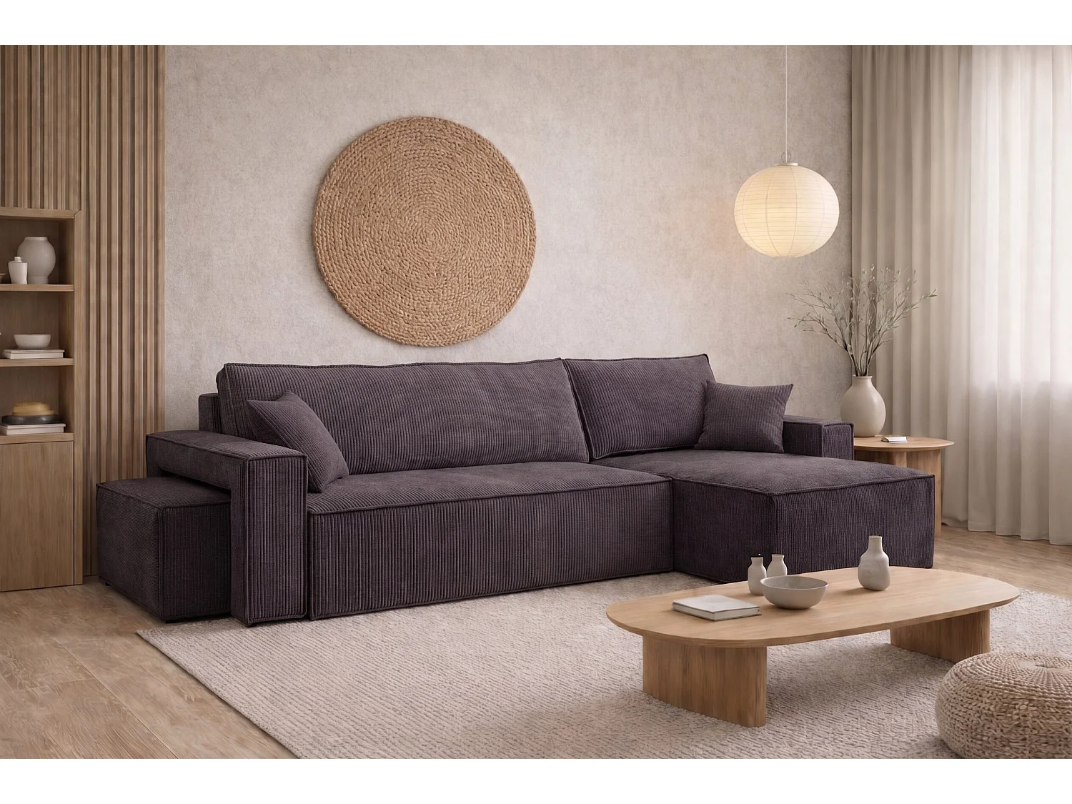 Canapé d’angle avec fonction couchage et pouf, tissu en velours côtelé Poso, Gris foncé, Droite, BEST L avec pouf
