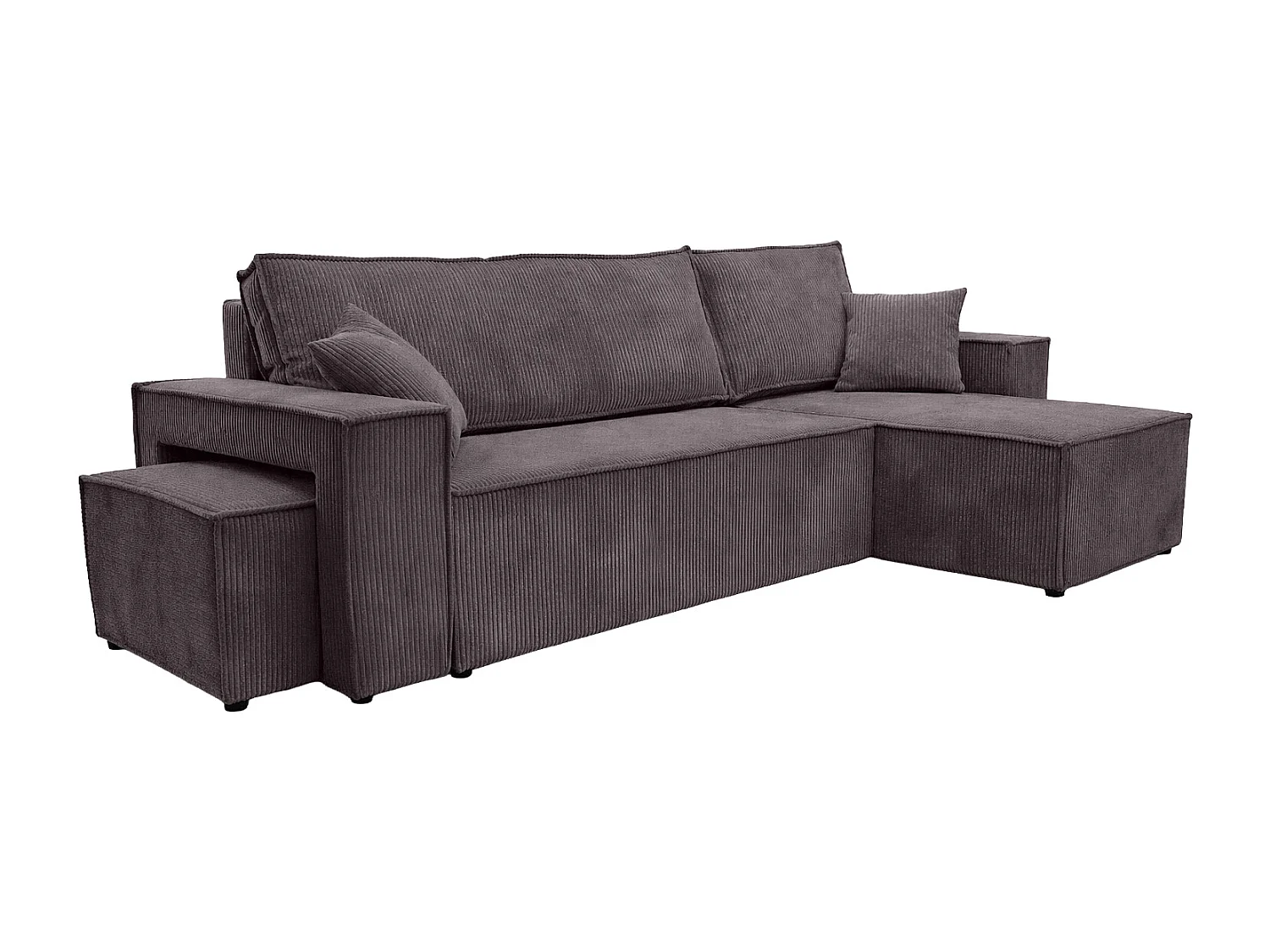 Canapé d’angle avec fonction couchage et pouf, tissu en velours côtelé Poso, Gris foncé, Droite, BEST L avec pouf