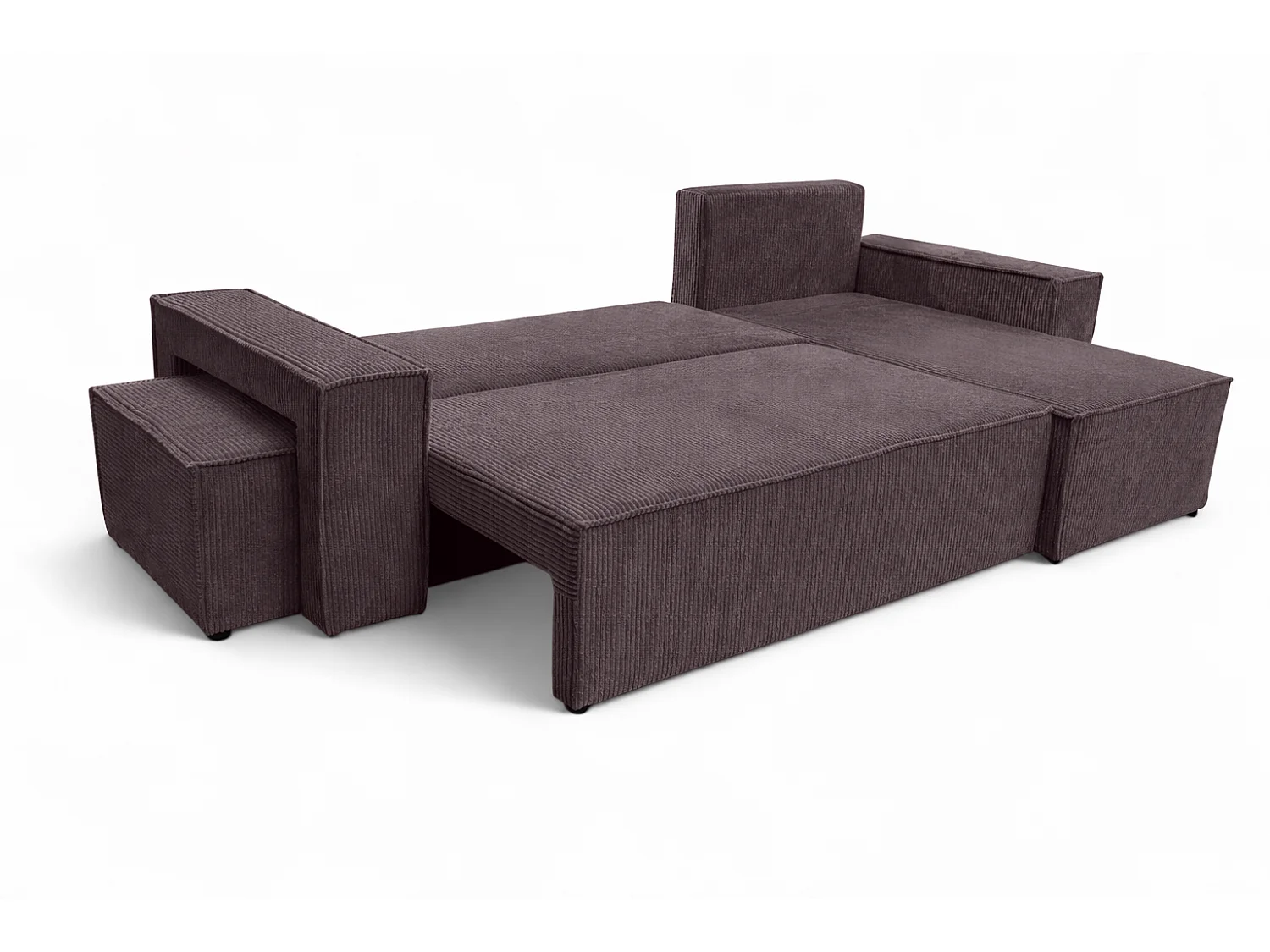 Canapé d’angle avec fonction couchage et pouf, tissu en velours côtelé Poso, Gris foncé, Droite, BEST L avec pouf