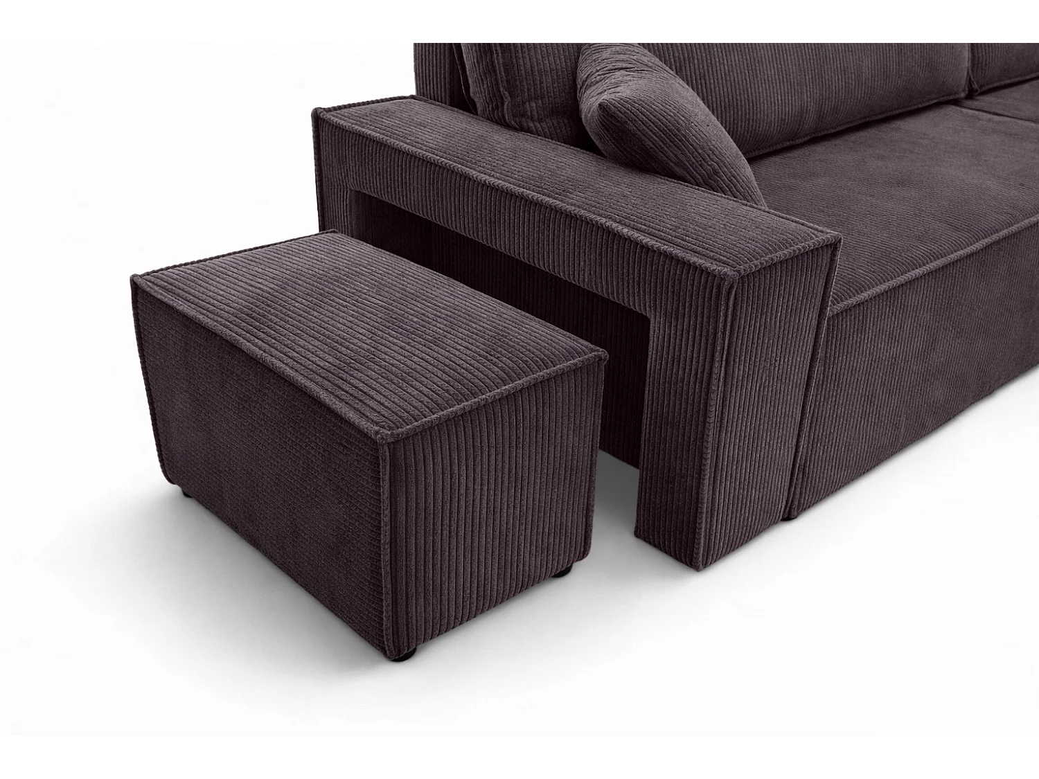 Canapé d’angle avec fonction couchage et pouf, tissu en velours côtelé Poso, Gris foncé, Droite, BEST L avec pouf