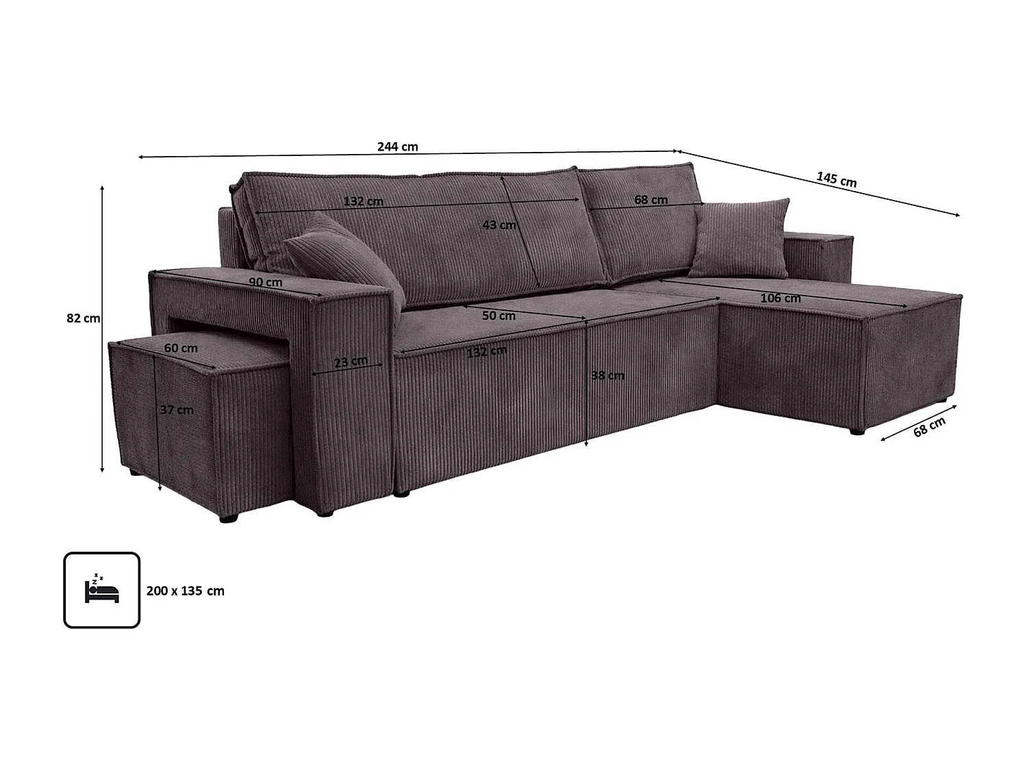 Canapé d’angle avec fonction couchage et pouf, tissu en velours côtelé Poso, Gris foncé, Droite, BEST L avec pouf