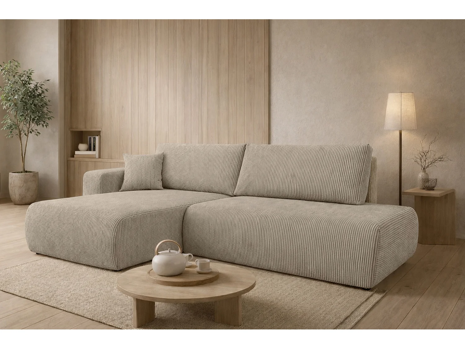 Canapé d’angle avec fonction couchage et coffre de rangement, tissu en velours côtelé Poso, Beige foncé, Gauche, OPEN XL