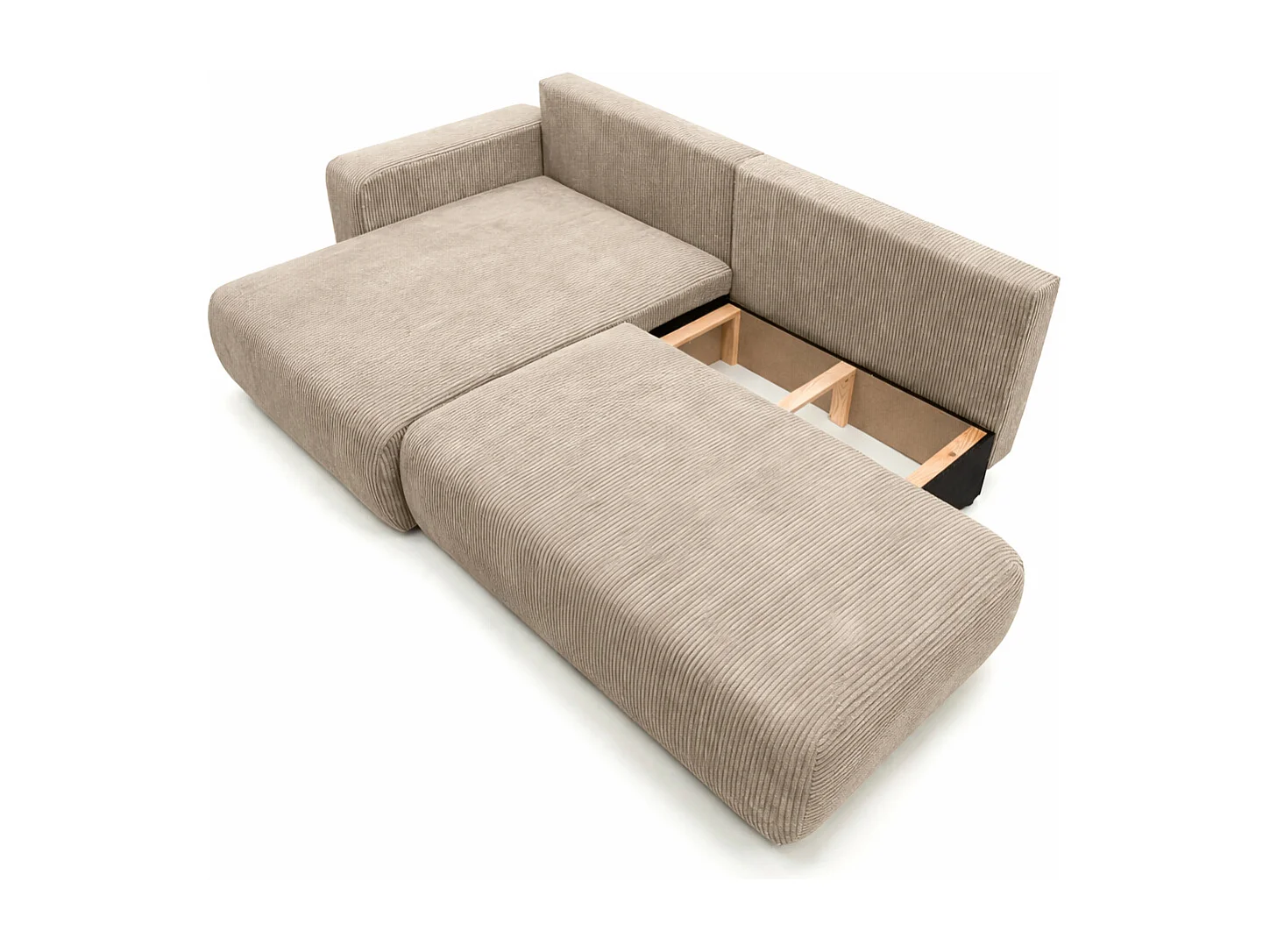 Canapé d’angle avec fonction couchage et coffre de rangement, tissu en velours côtelé Poso, Beige foncé, Gauche, OPEN XL