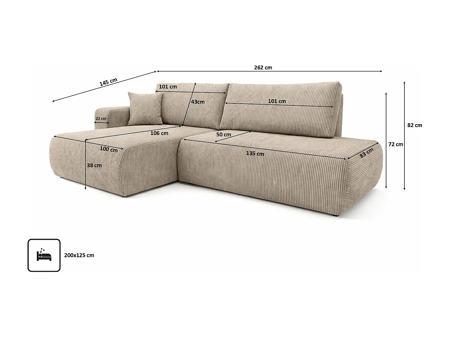 Canapé d’angle avec fonction couchage et coffre de rangement, tissu en velours côtelé Poso, Beige foncé, Gauche, OPEN XL