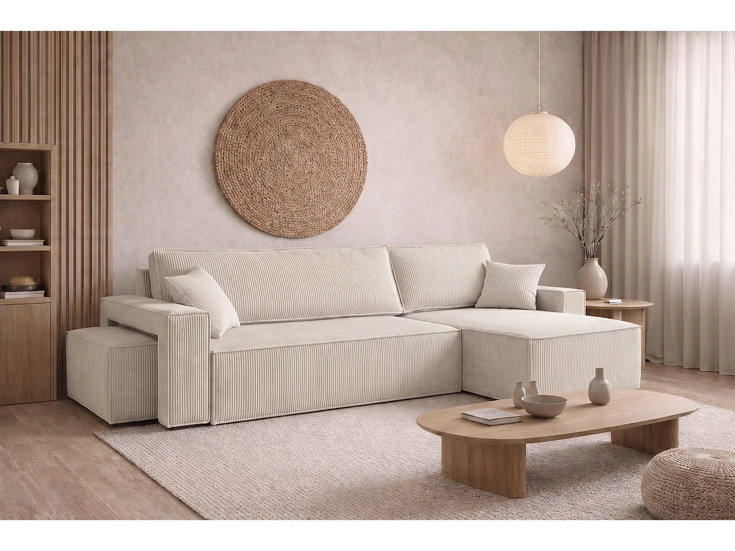 Hoekbank met slaapfunctie en poef, koordstof Poso, Beige, Rechts, BEST L met poef