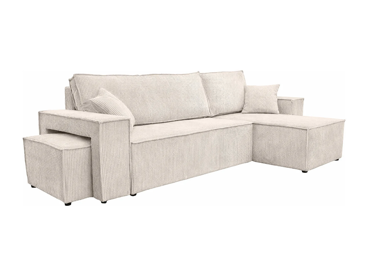 Hoekbank met slaapfunctie en poef, koordstof Poso, Beige, Rechts, BEST L met poef