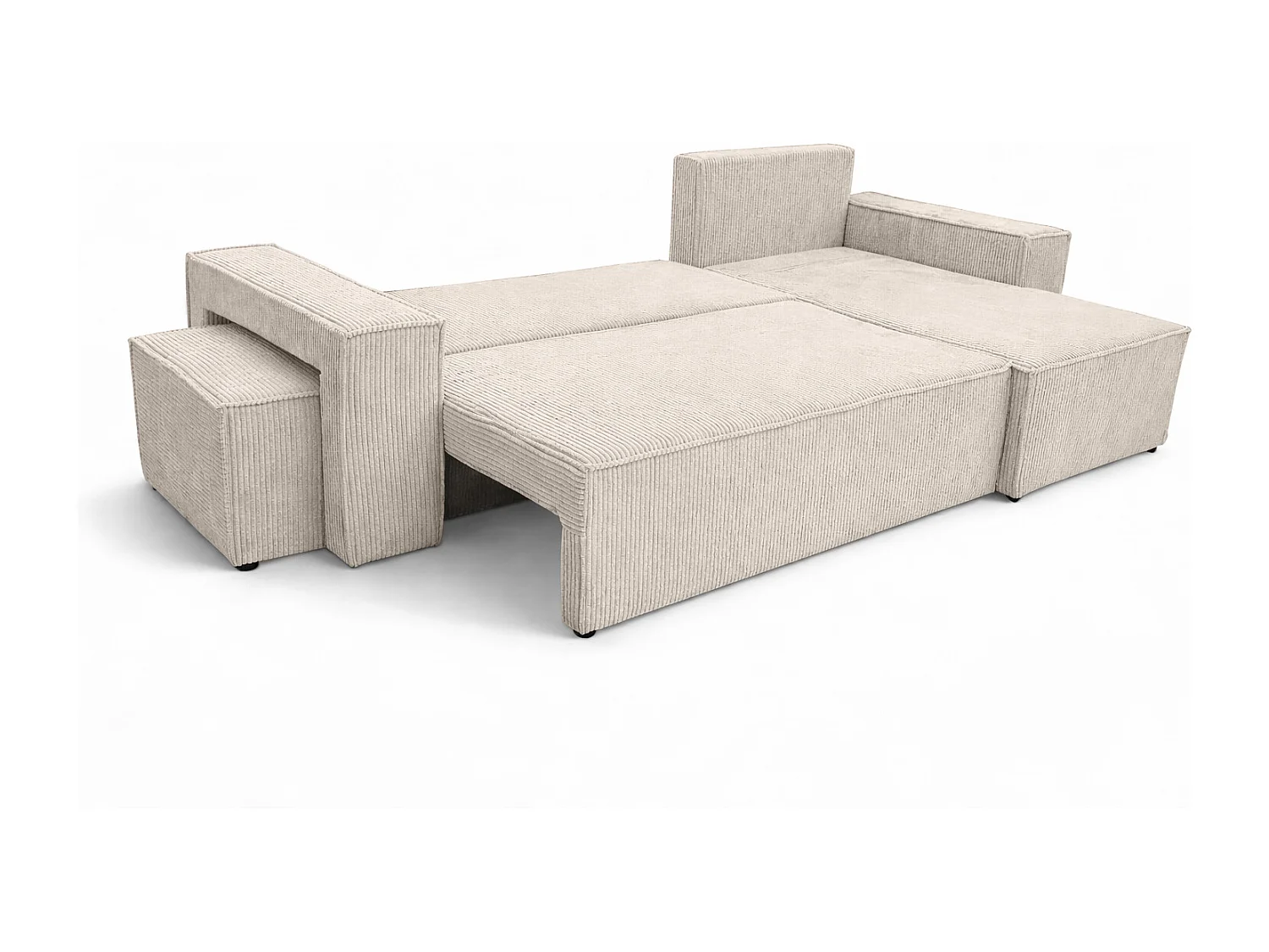 Hoekbank met slaapfunctie en poef, koordstof Poso, Beige, Rechts, BEST L met poef