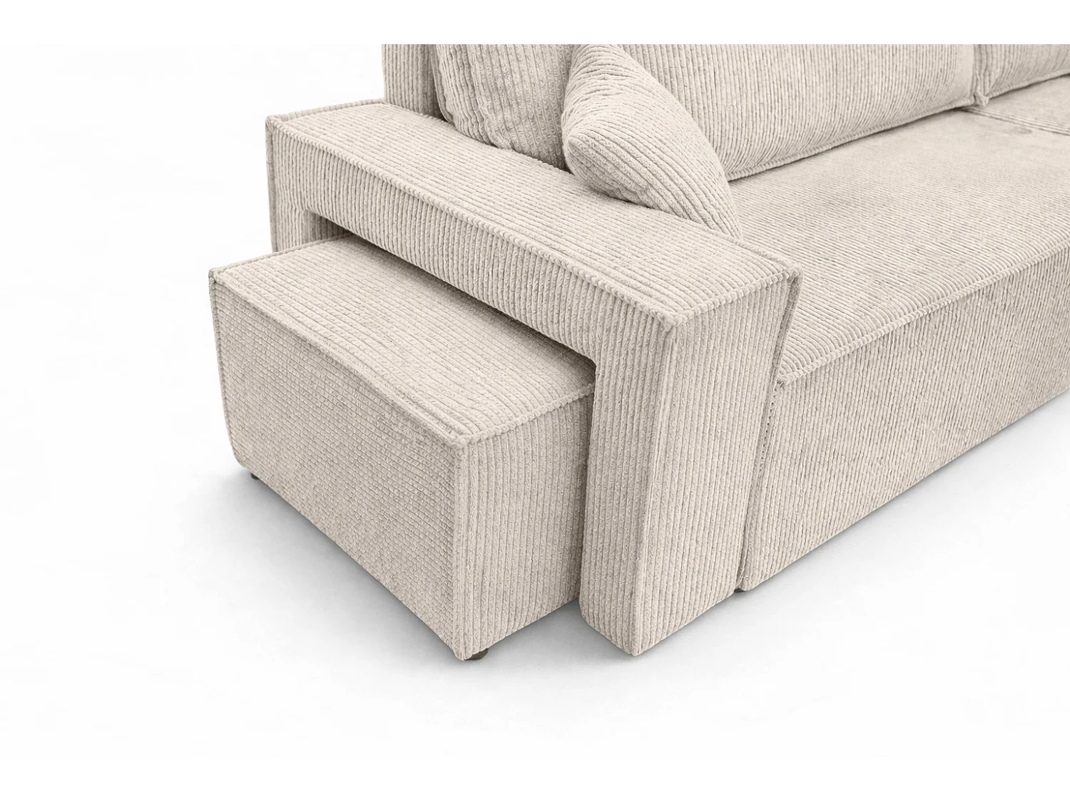Hoekbank met slaapfunctie en poef, koordstof Poso, Beige, Rechts, BEST L met poef