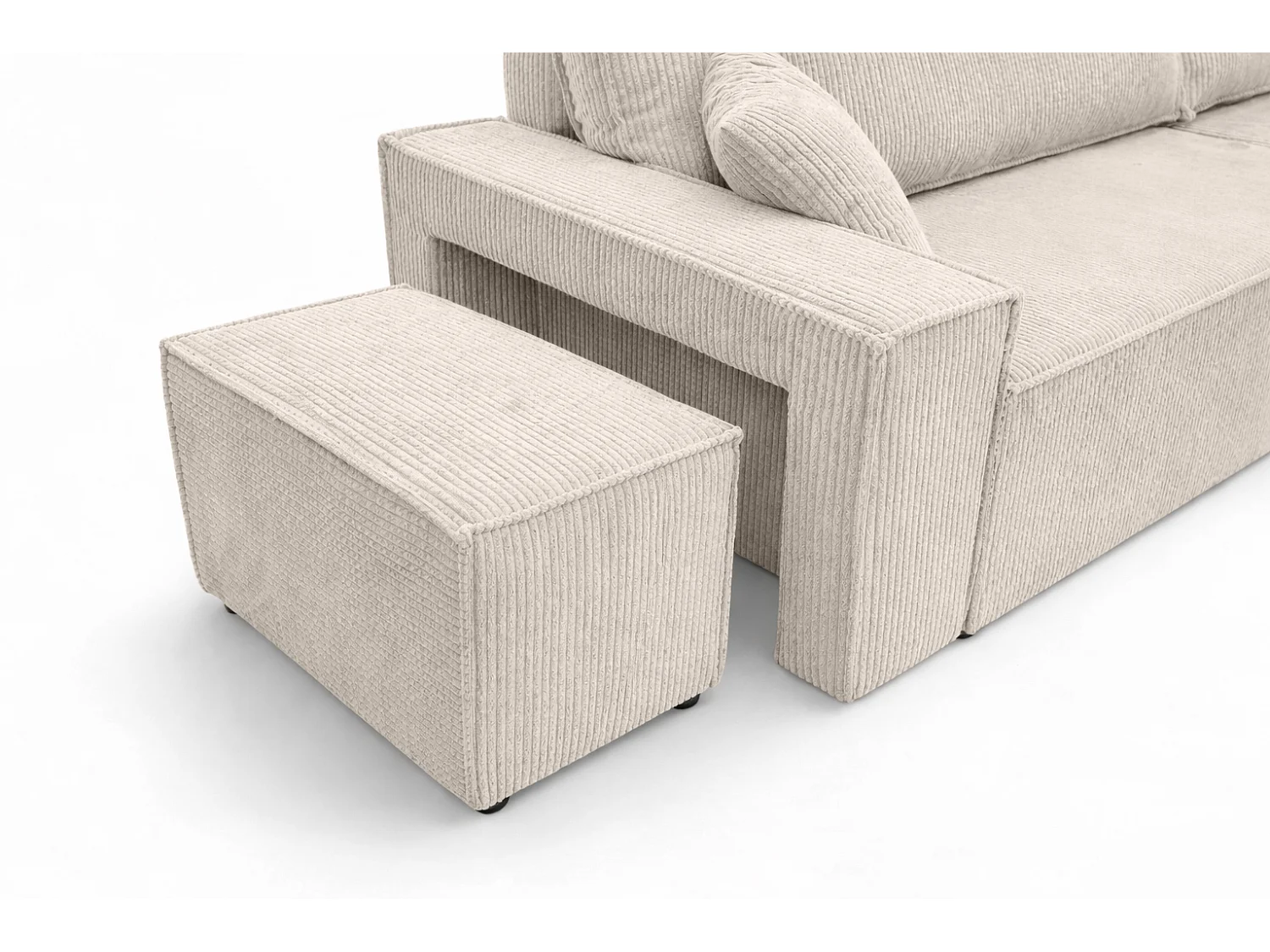 Hoekbank met slaapfunctie en poef, koordstof Poso, Beige, Rechts, BEST L met poef