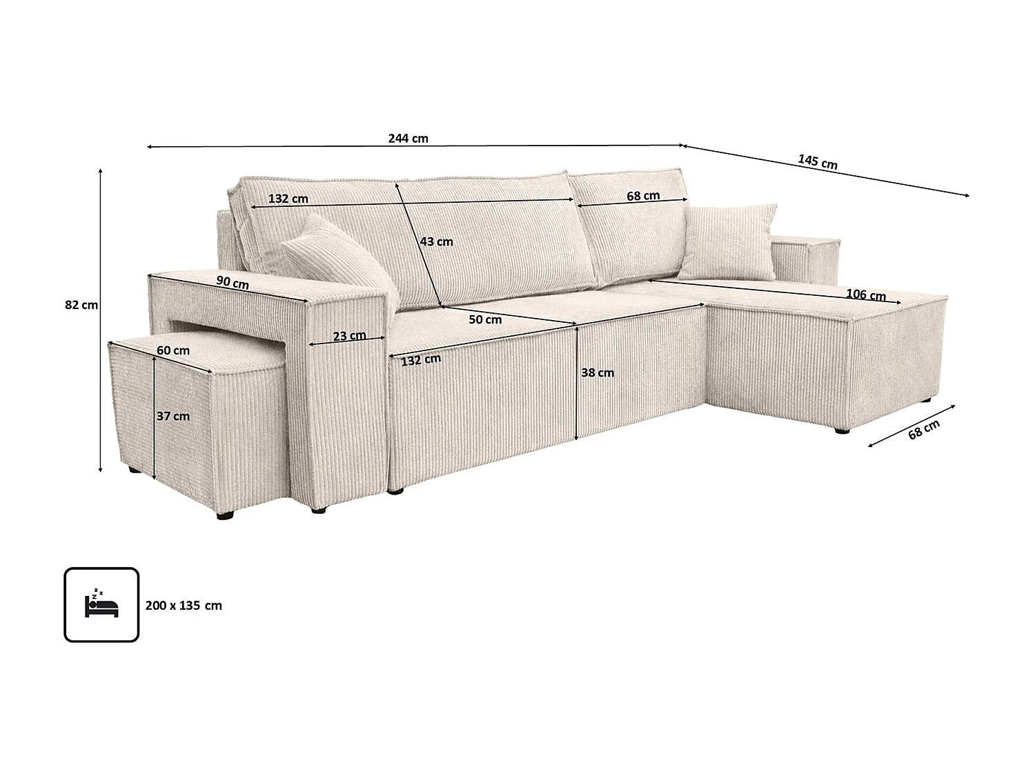 Hoekbank met slaapfunctie en poef, koordstof Poso, Beige, Rechts, BEST L met poef