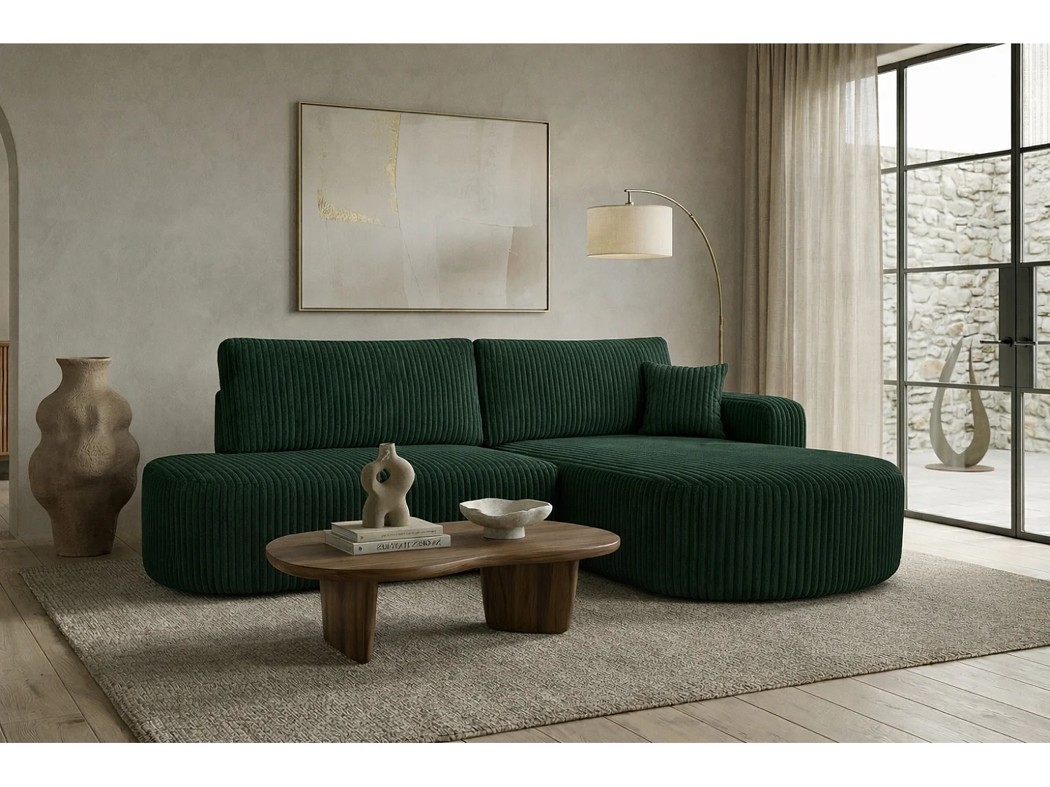 Hoekbank met slaapfunctie en opbergruimte, corduroy stof Tilia, Groen, Rechts, ROUND ONE OPEN XL