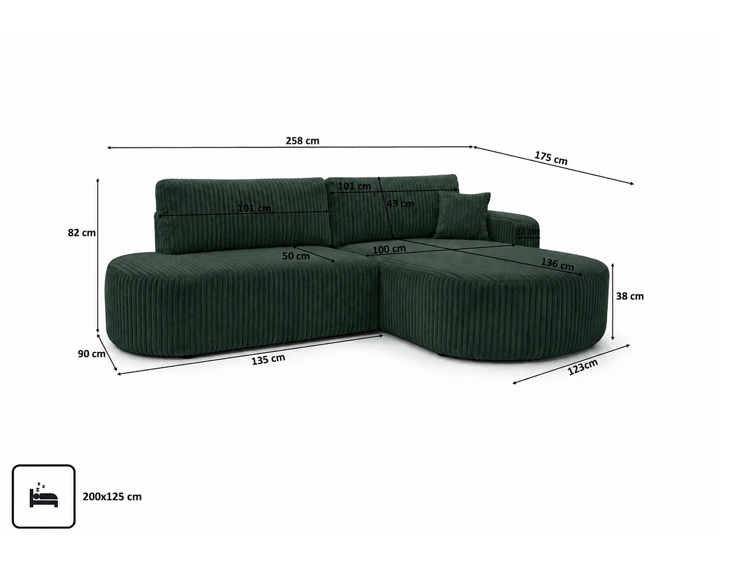 Canapé d'angle droit convertible 4 places avec coffre en tissu côtelé vert ONE