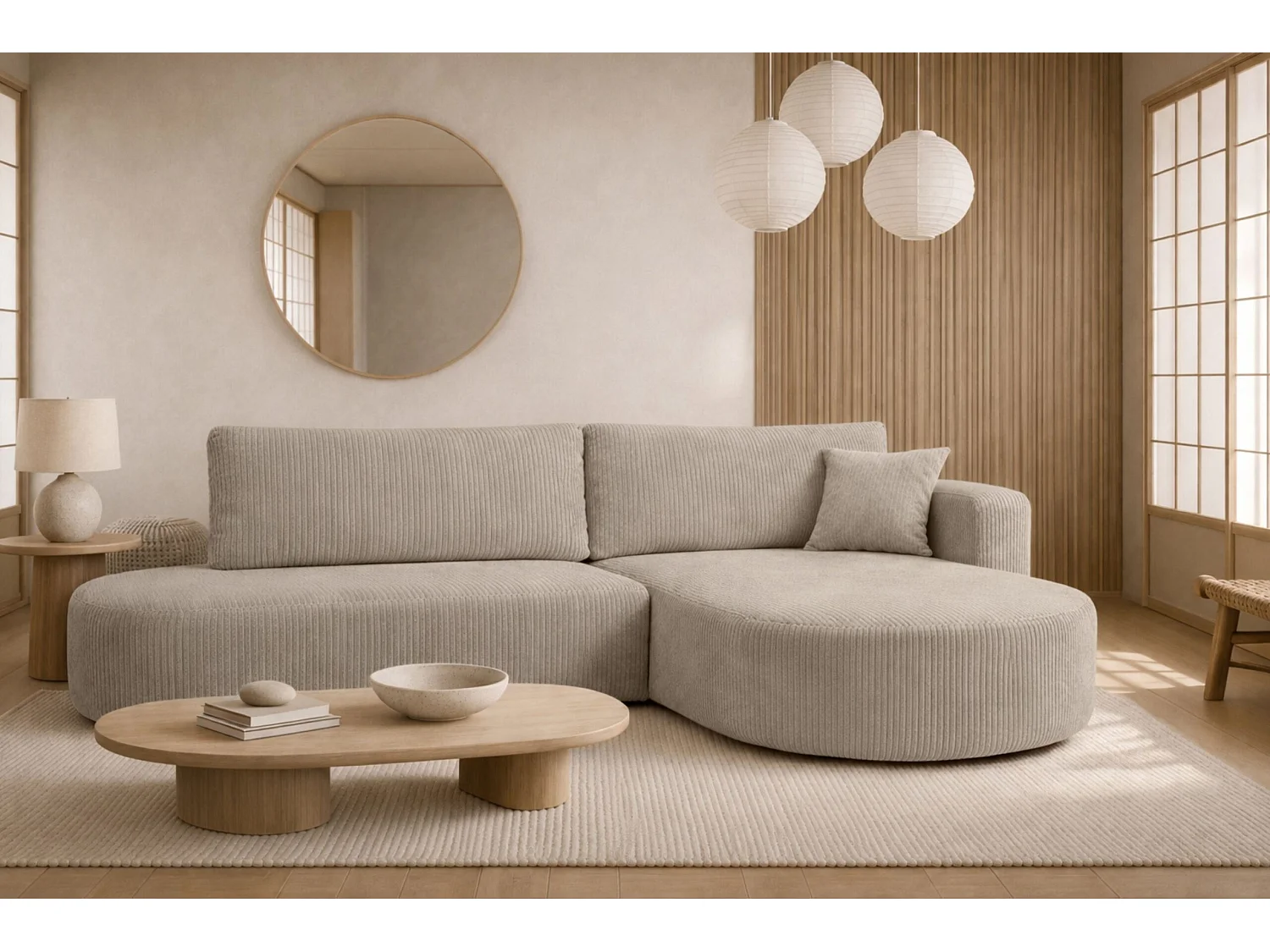 Ecksofa mit Schlaffunktion und Bettkasten, Cordstoff Poso, Dunkelbeige, Rechts, ROUND ONE OPEN XL