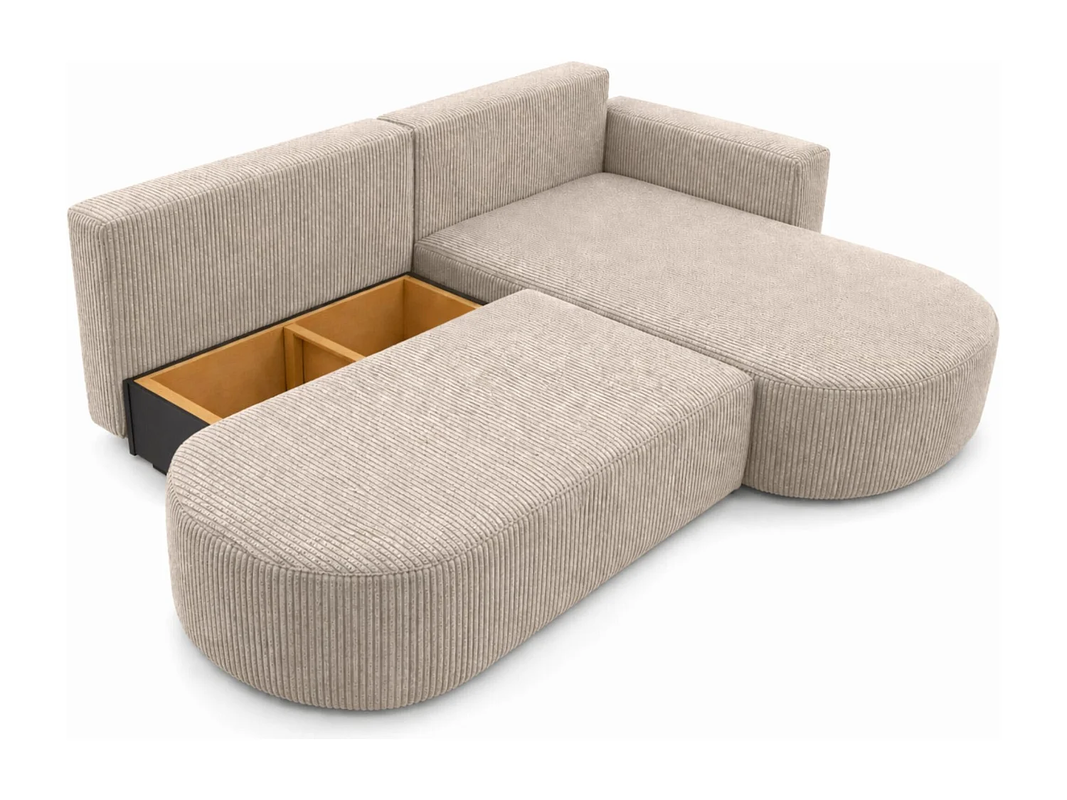 Ecksofa mit Schlaffunktion und Bettkasten, Cordstoff Poso, Dunkelbeige, Rechts, ROUND ONE OPEN XL