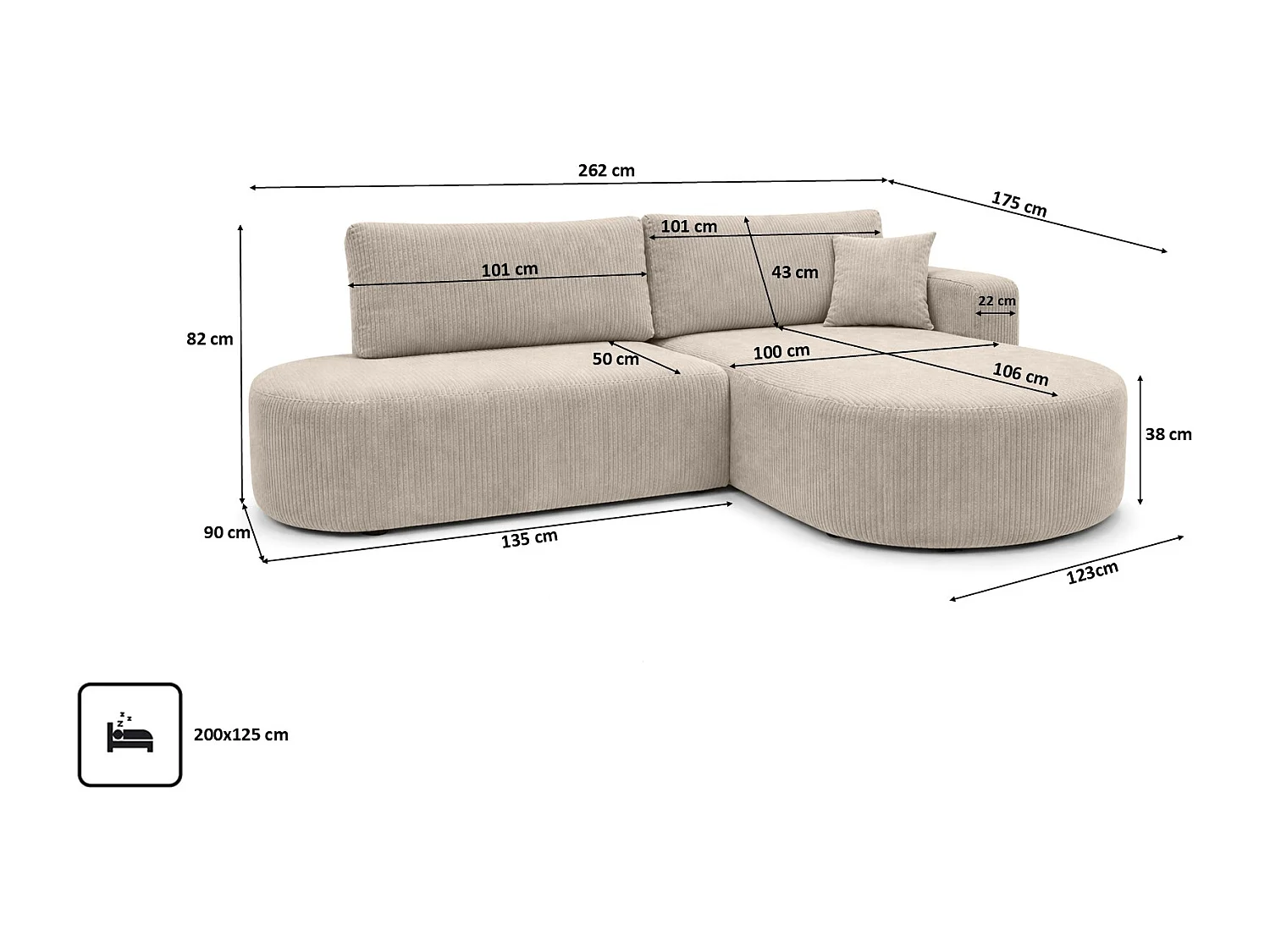 Ecksofa mit Schlaffunktion und Bettkasten, Cordstoff Poso, Dunkelbeige, Rechts, ROUND ONE OPEN XL
