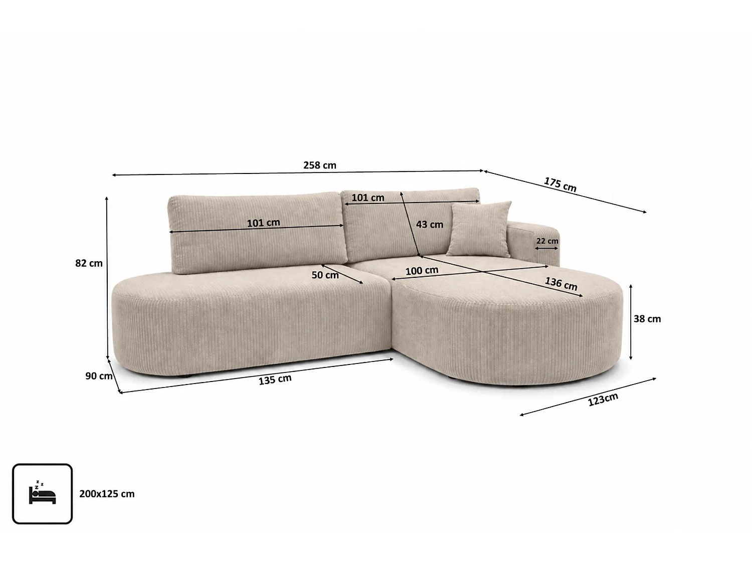 Canapé d'angle droit convertible 4 places avec coffre en tissu côtelé beige ONE