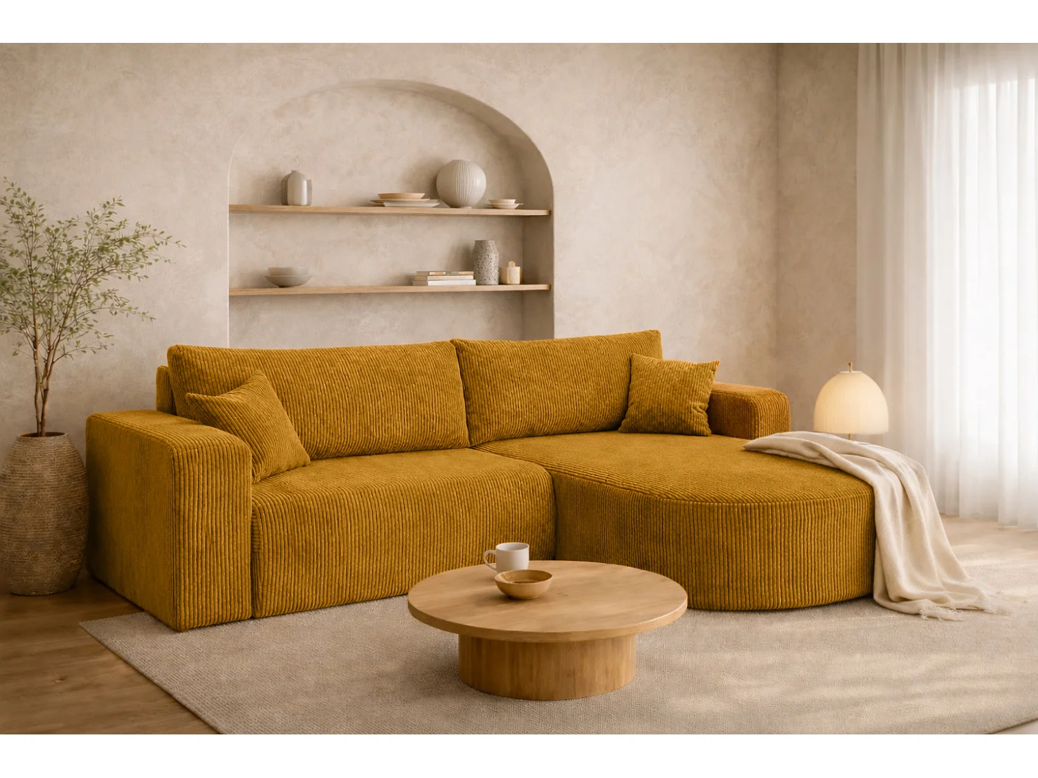 Hoekbank met slaapfunctie, koordstof Poso, Mosterdkleurig, Rechts, ROUND ONE