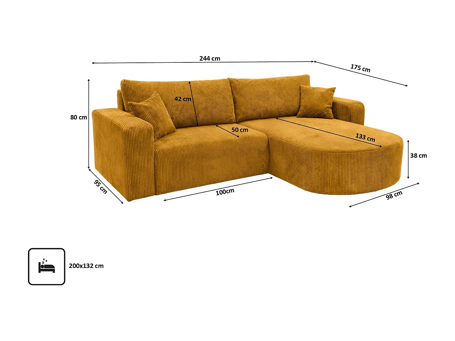 Hoekbank met slaapfunctie, koordstof Poso, Mosterdkleurig, Rechts, ROUND ONE