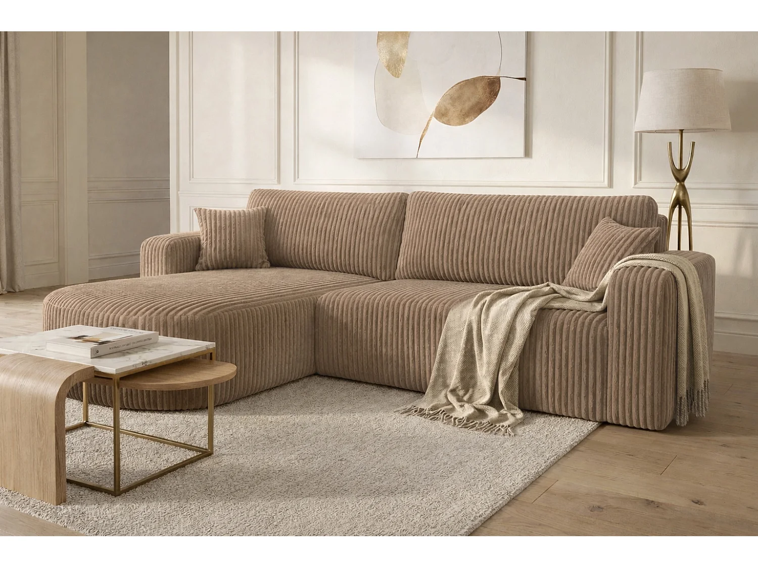 Hoekbank met slaapfunctie, koordstof Tilia, Bruin, Links, ROUND ONE XL