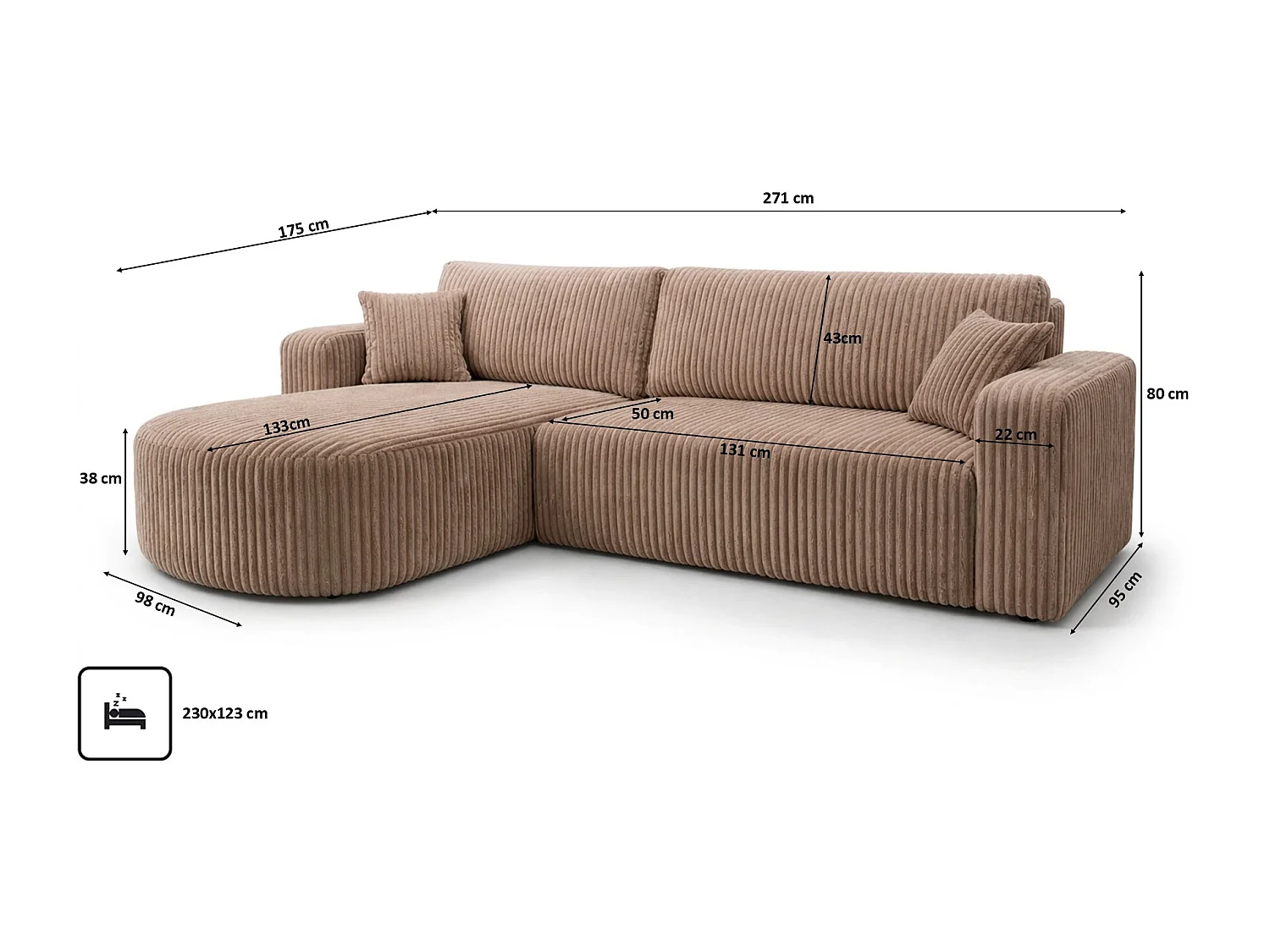Hoekbank met slaapfunctie, koordstof Tilia, Bruin, Links, ROUND ONE XL