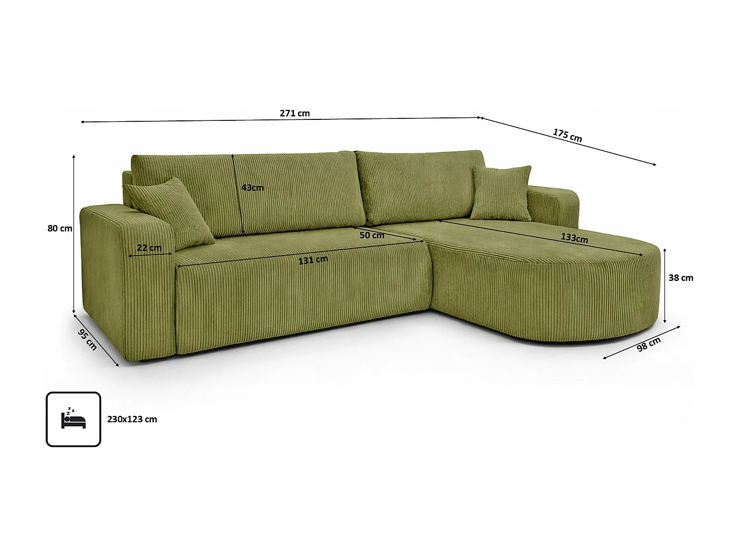 Hoekbank met slaapfunctie, koordstof Poso, Olijfkleurig, Rechts, ROUND ONE XL