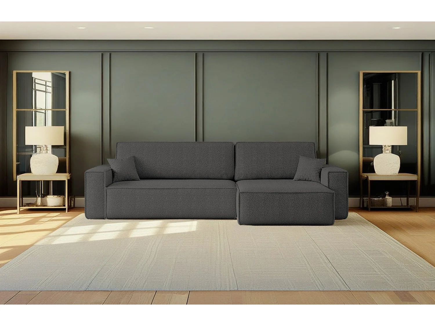 Canapé d’angle en L avec fonction couchage et coffre de rangement, tissu Quelle, Graphite, Droite, BEST XL