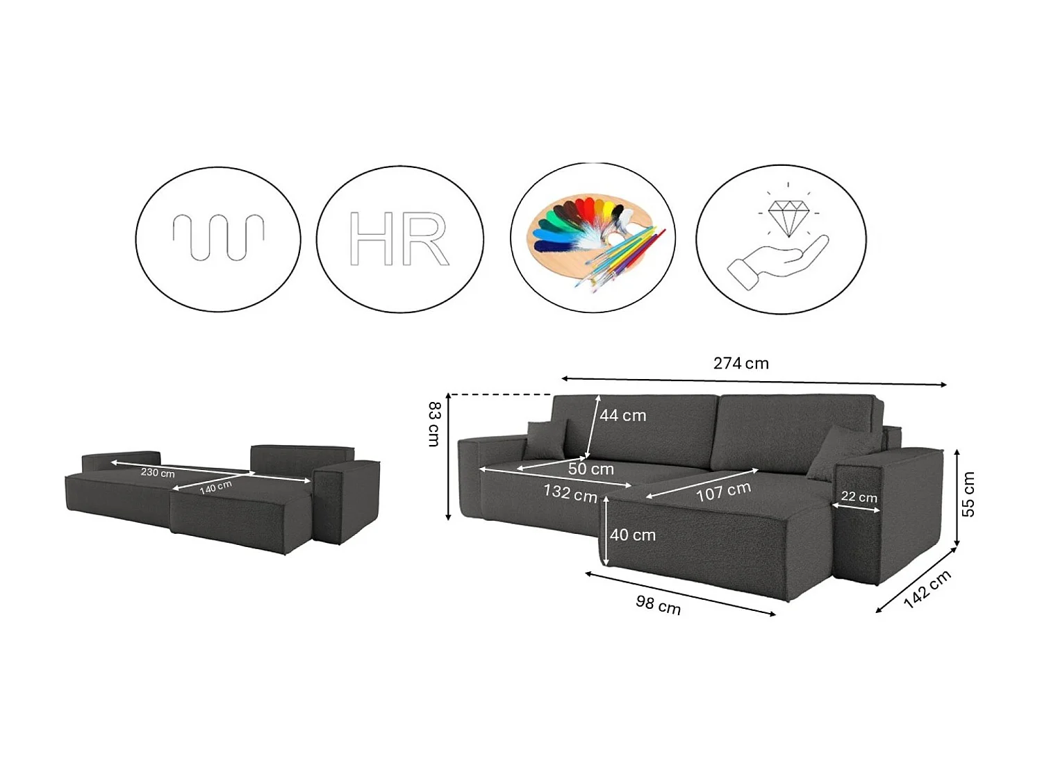 Canapé d’angle en L avec fonction couchage et coffre de rangement, tissu Quelle, Graphite, Droite, BEST XL