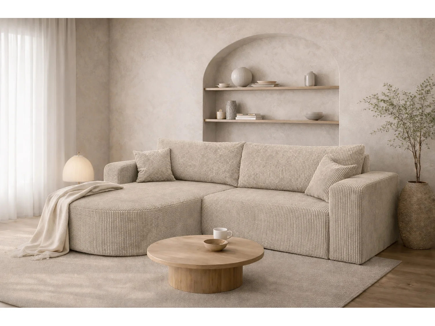 Ecksofa mit Schlaffunktion, Cordstoff Poso, Dunkelbeige, Links, ROUND ONE