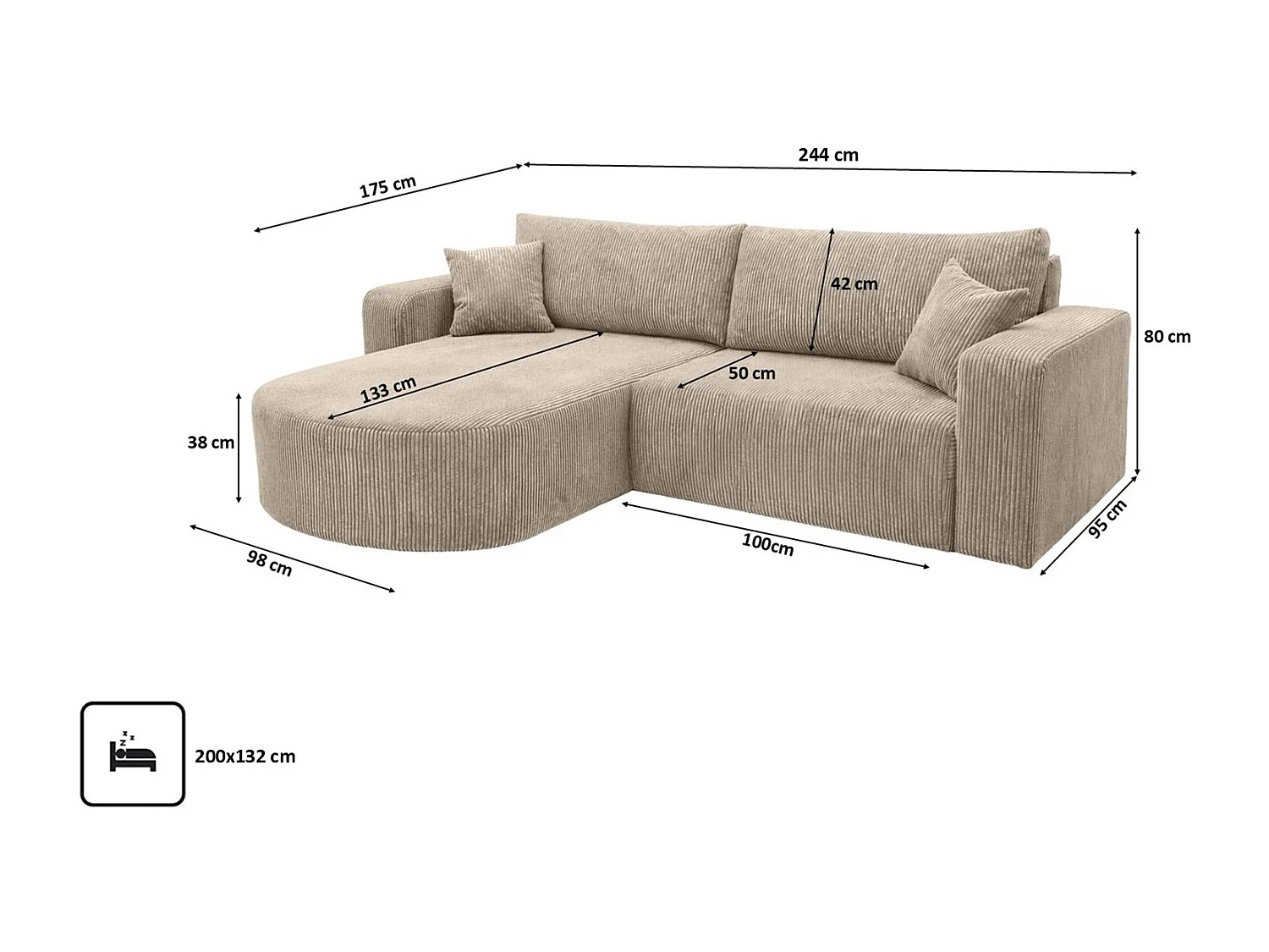 Ecksofa mit Schlaffunktion, Cordstoff Poso, Dunkelbeige, Links, ROUND ONE