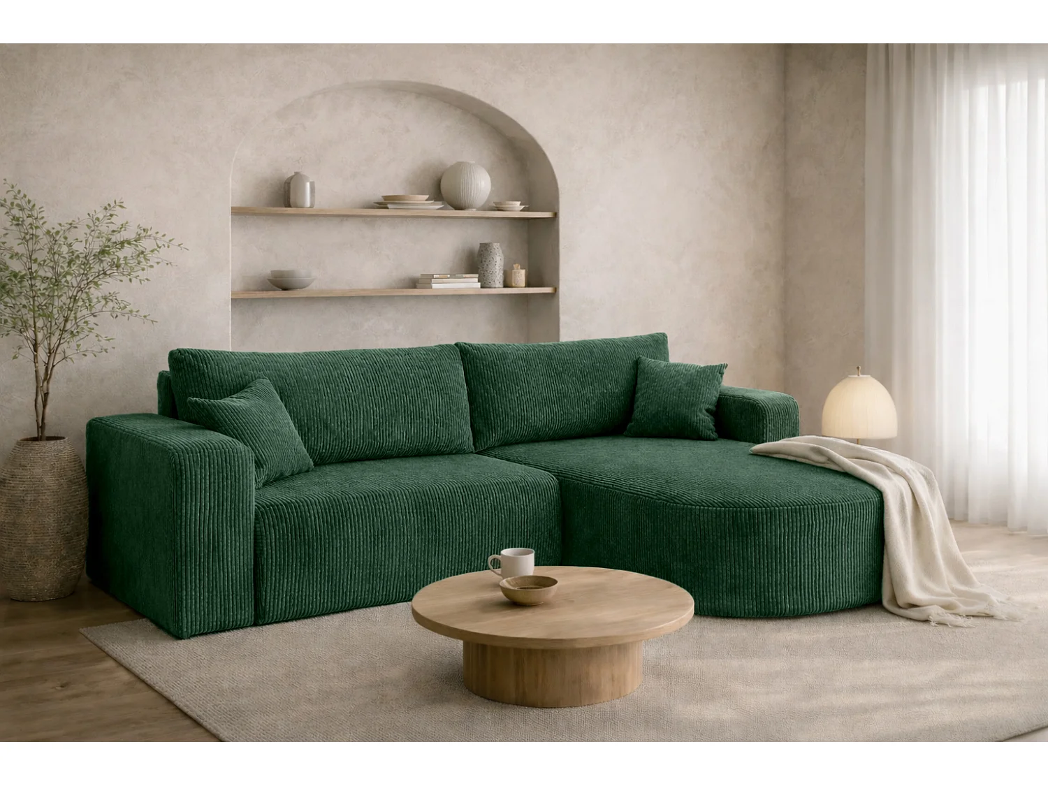 Hoekbank met slaapfunctie, koordstof Poso, Groen, Rechts, ROUND ONE