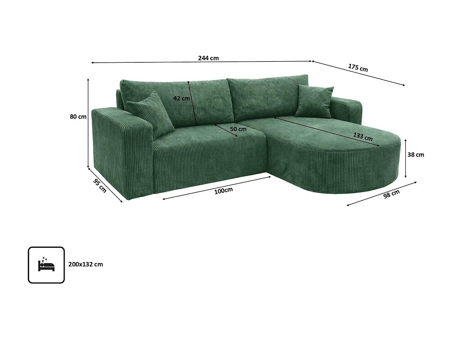 Hoekbank met slaapfunctie, koordstof Poso, Groen, Rechts, ROUND ONE