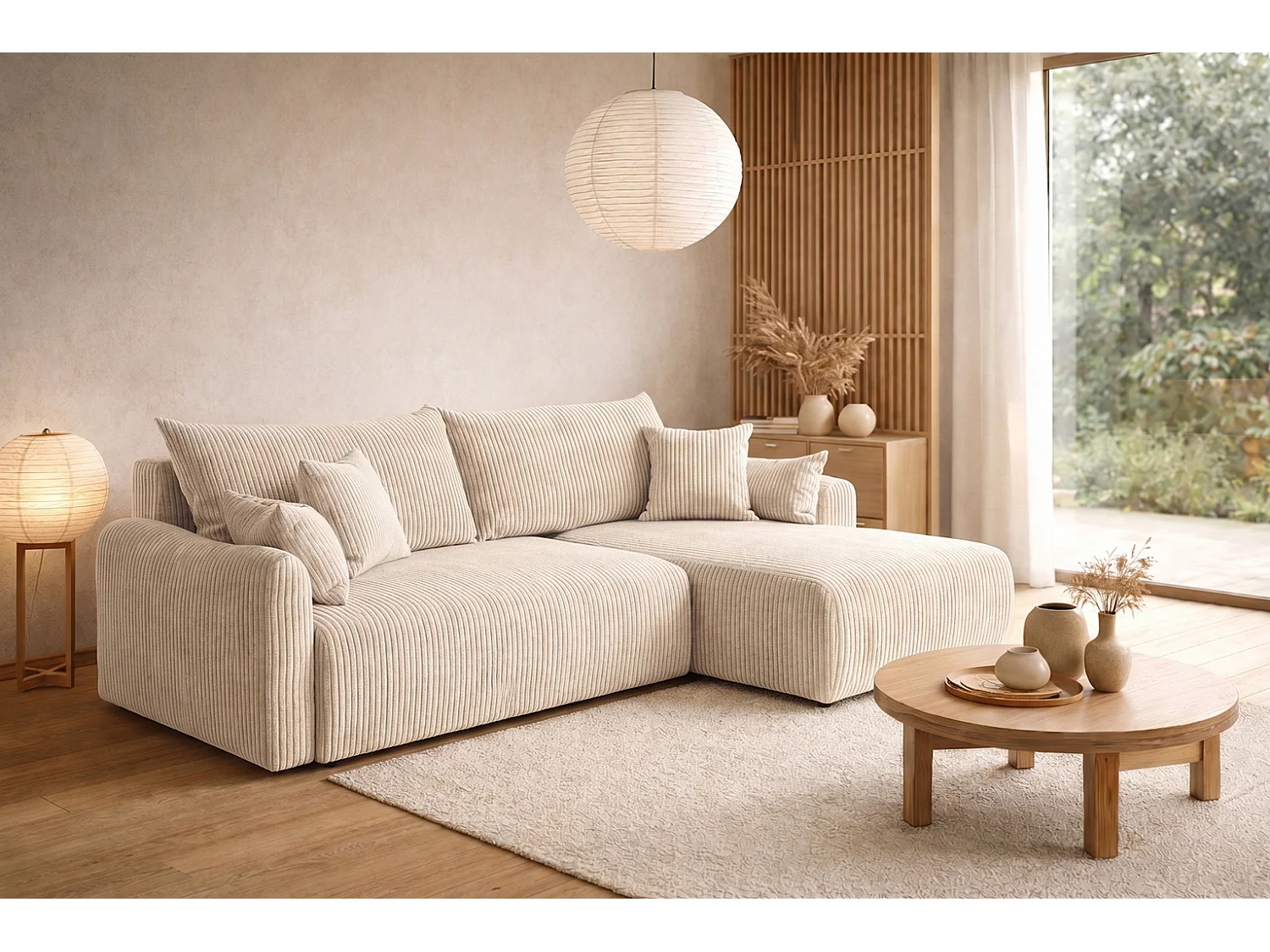 Canapé d’angle avec fonction couchage, tissu en velours côtelé Poso, Beige, Droite, JAPANDI
