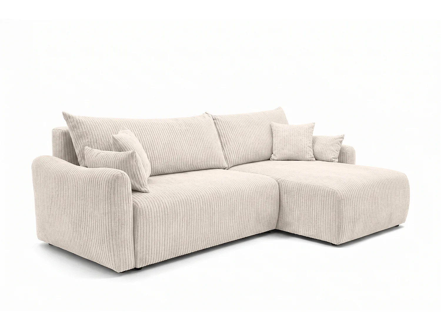 Canapé d’angle avec fonction couchage, tissu en velours côtelé Poso, Beige, Droite, JAPANDI