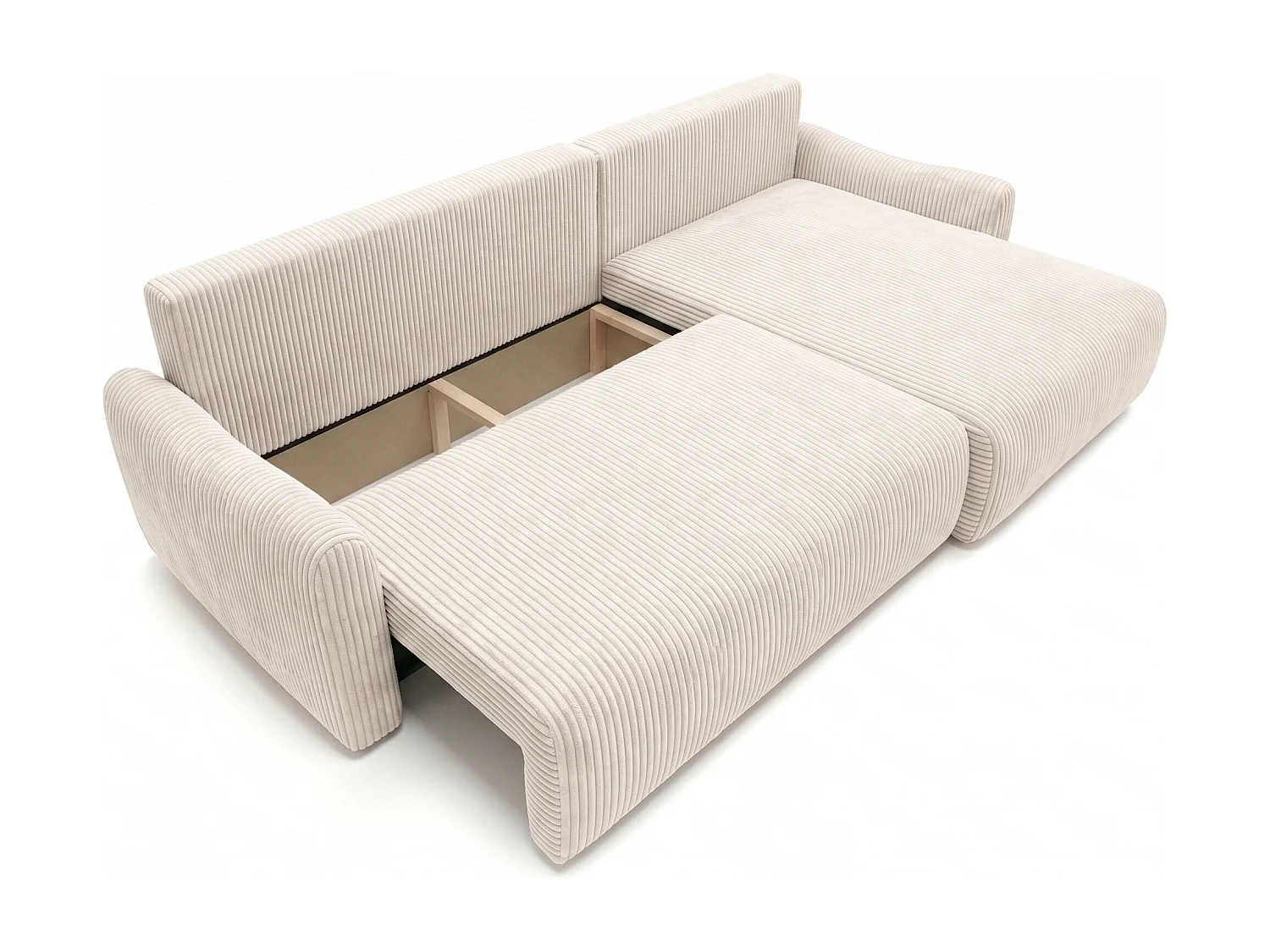 Canapé d’angle avec fonction couchage, tissu en velours côtelé Poso, Beige, Droite, JAPANDI