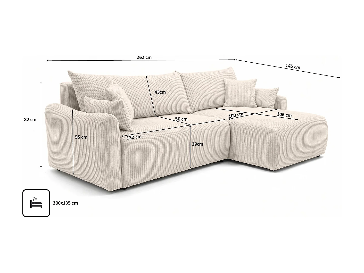 Canapé d’angle avec fonction couchage, tissu en velours côtelé Poso, Beige, Droite, JAPANDI