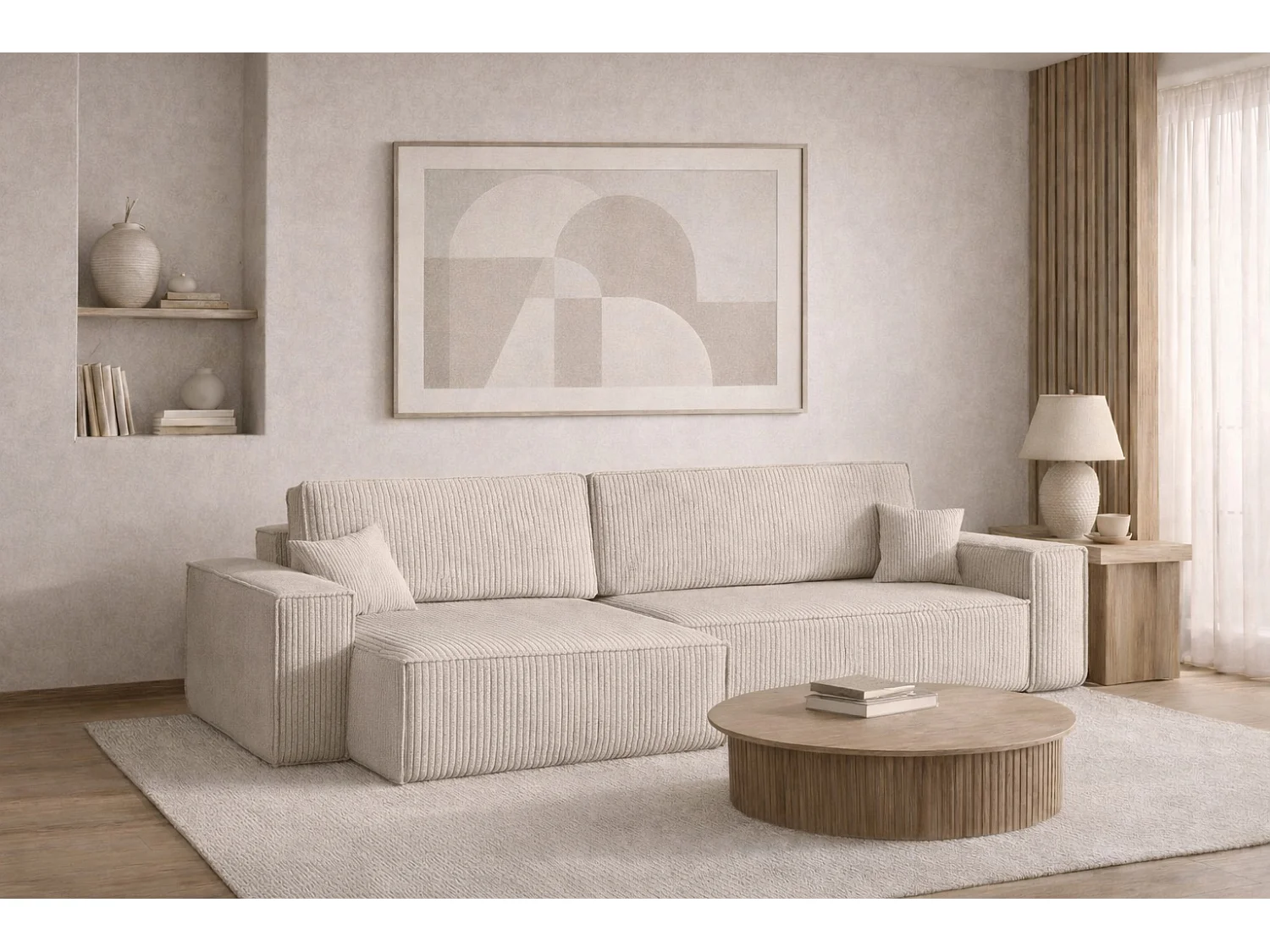 Canapé d’angle en L avec fonction couchage et coffre de rangement, tissu Poso velours côtelé épais, Beige, Gauche, BEST XL