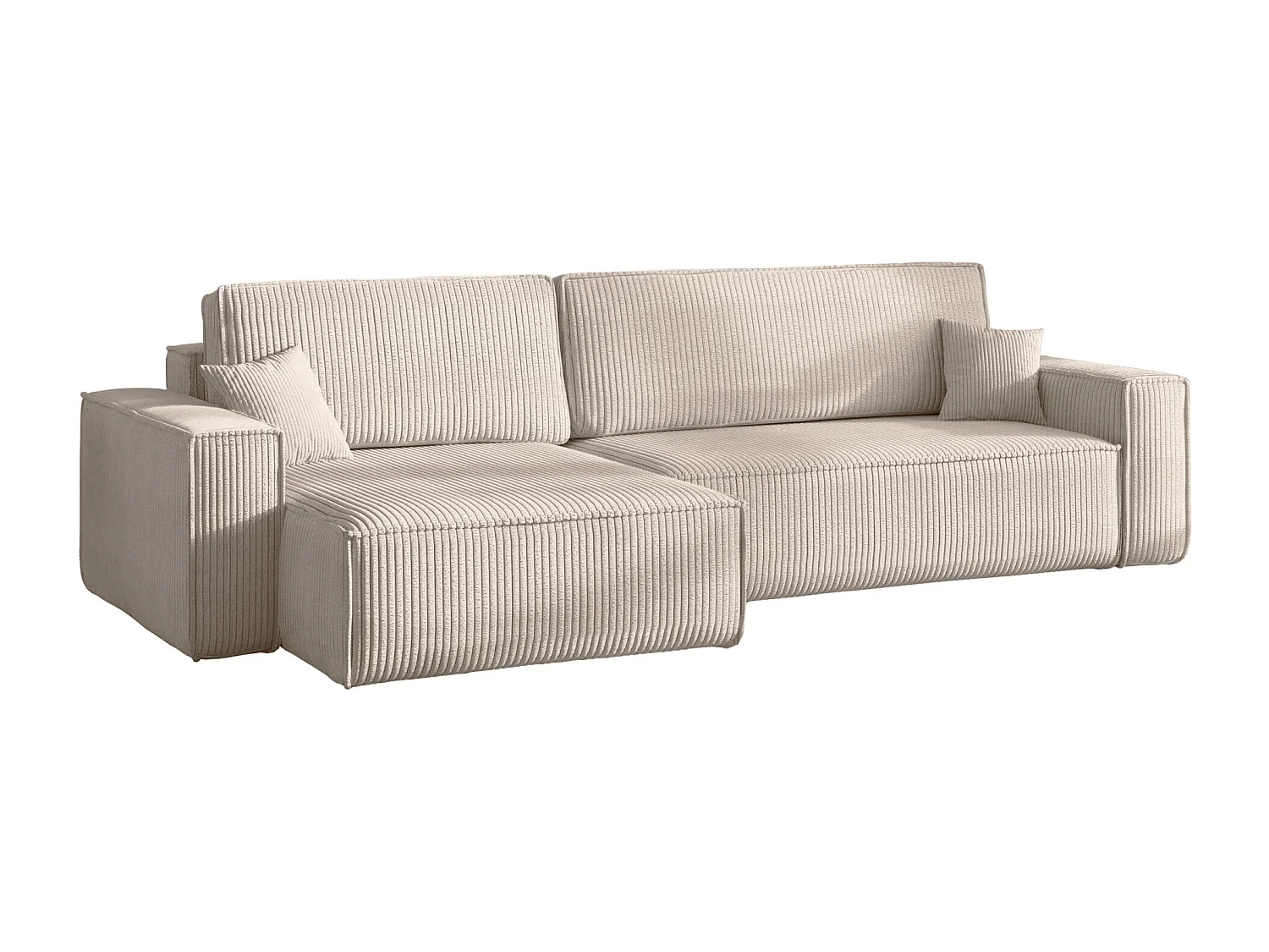 Canapé d’angle en L avec fonction couchage et coffre de rangement, tissu Poso velours côtelé épais, Beige, Gauche, BEST XL