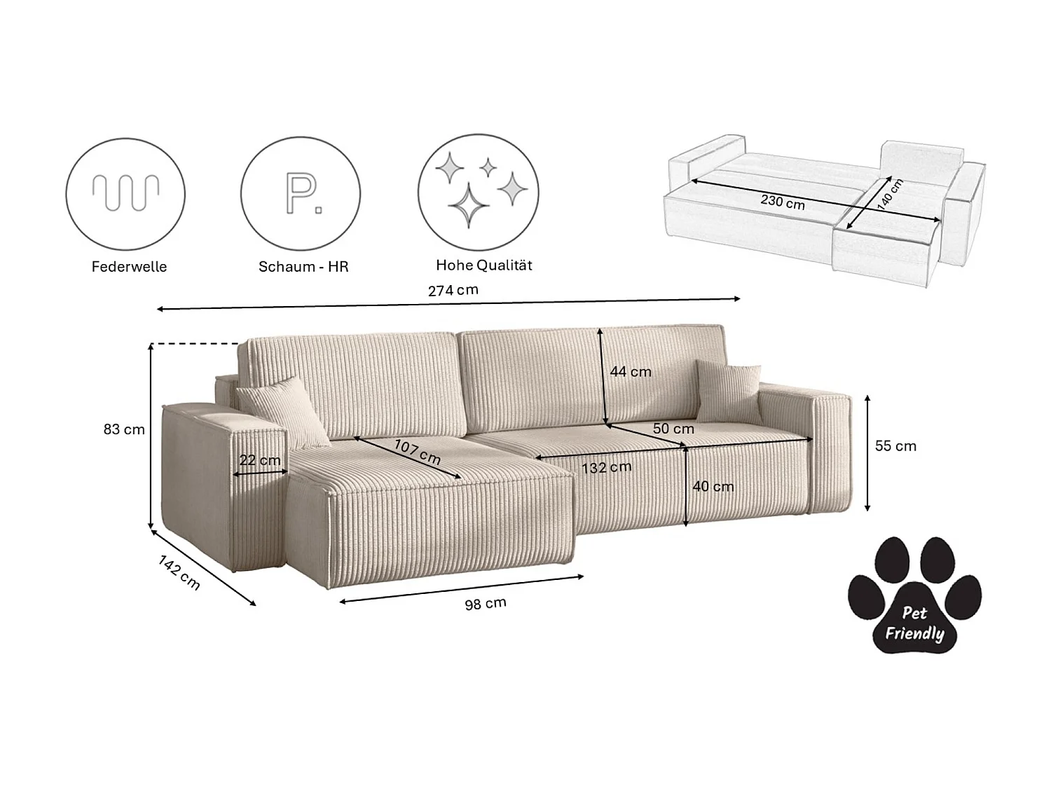 Canapé d’angle en L avec fonction couchage et coffre de rangement, tissu Poso velours côtelé épais, Beige, Gauche, BEST XL